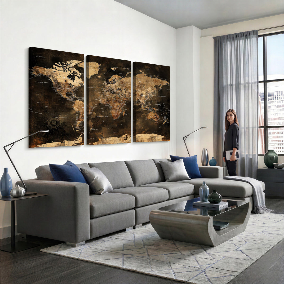 97742922-MGV-CV-36X24 - World Map Canvas Print, Modern Decorative Framed Map Artwork