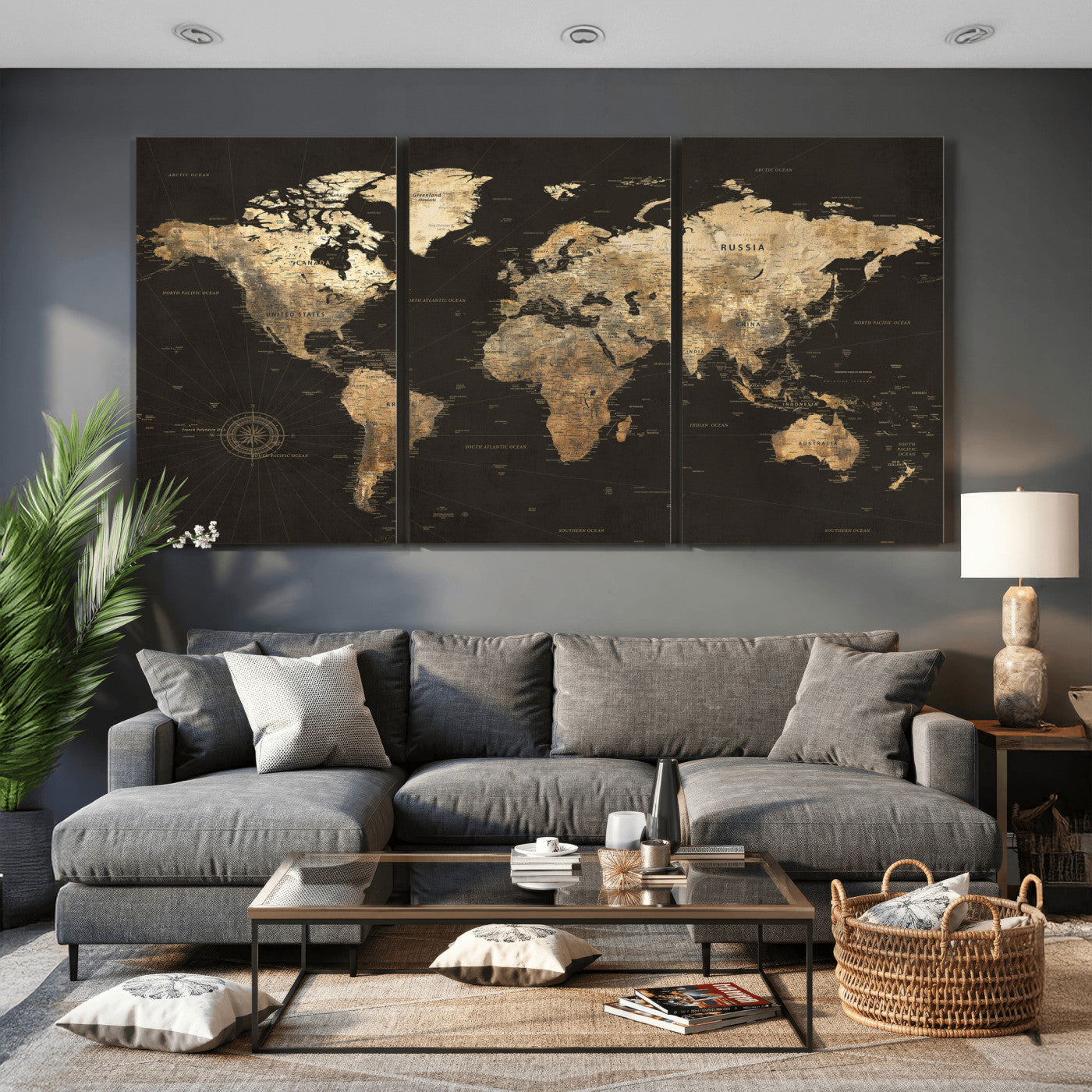 70985630-MGV-CV-36X24 - World Map Wall Art Canvas Print, Modern Decorative Framed Map Artwork Prints for Living Room, Office, Bedroom Wall Decor