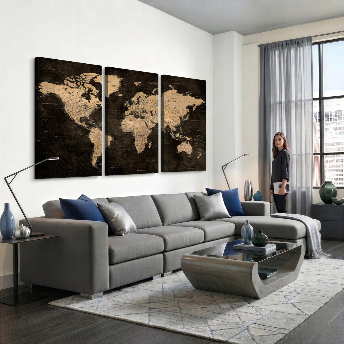 15118265-MGV-CV-36X24 - Brown World Map Canvas Print | Modern Travel Map Wall Art