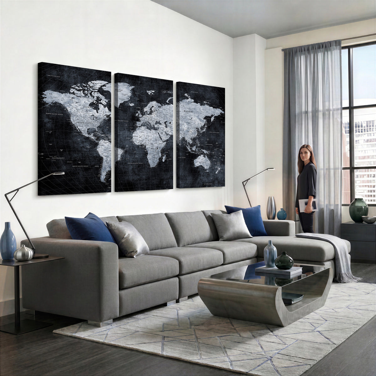 86893704-MGV-CV-36X24 - Black World Map Canvas Print | Detailed Map for Couples and Anniversary Gift