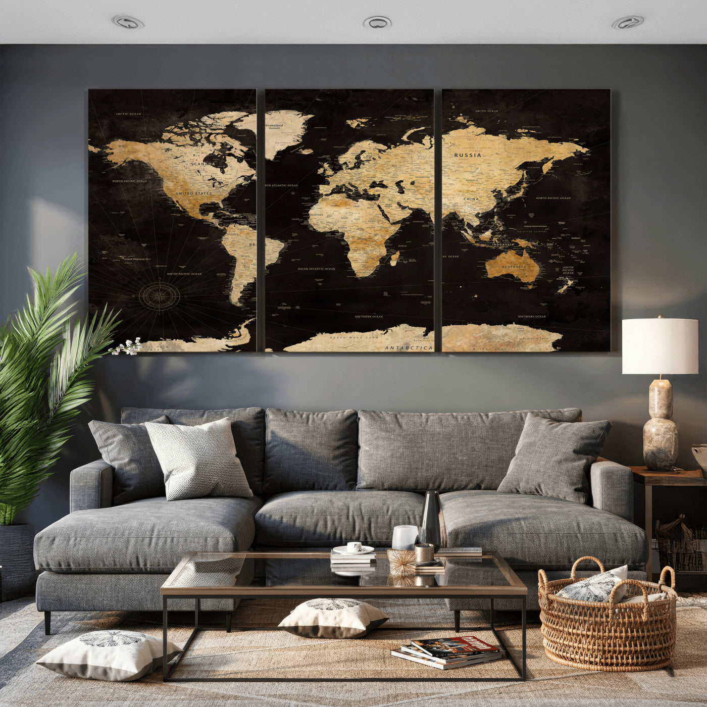 70468159-MGV-CV-36X24 - World Map Wall Art Canvas Print, Modern Decorative Framed Map Artwork Prints for Living Room, Office, Bedroom Wall Decor