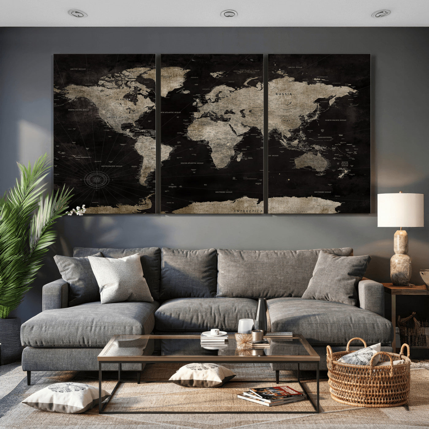 56225956-MGV-CV-36X24 - World Map Wall Art Canvas Print, Modern Decorative Framed Map Artwork Prints for Living Room, Office, Bedroom Wall Decor