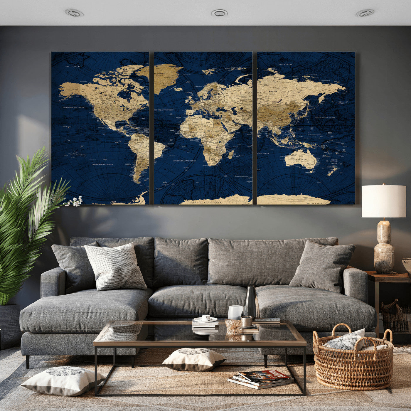 54770746-MGV-CV-36X24 - World Map Wall Art Canvas Print, Modern Decorative Framed Map Artwork Prints for Living Room, Office, Bedroom Wall Decor
