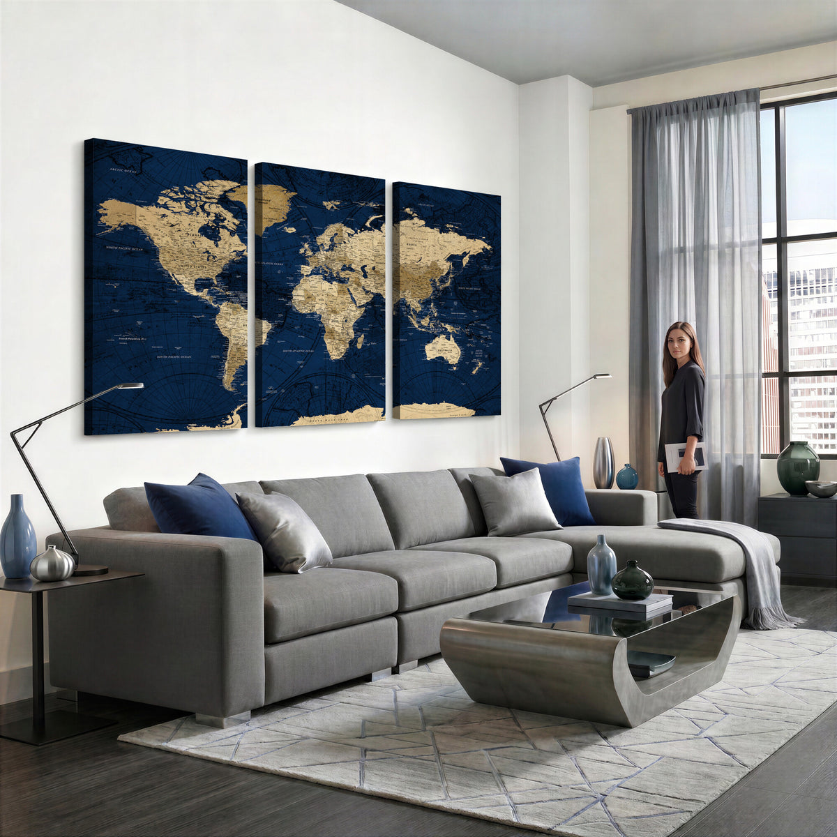 54770746-MGV-CV-36X24 - Navy Blue World Map Canvas Print – Detailed Map Minimal Navy