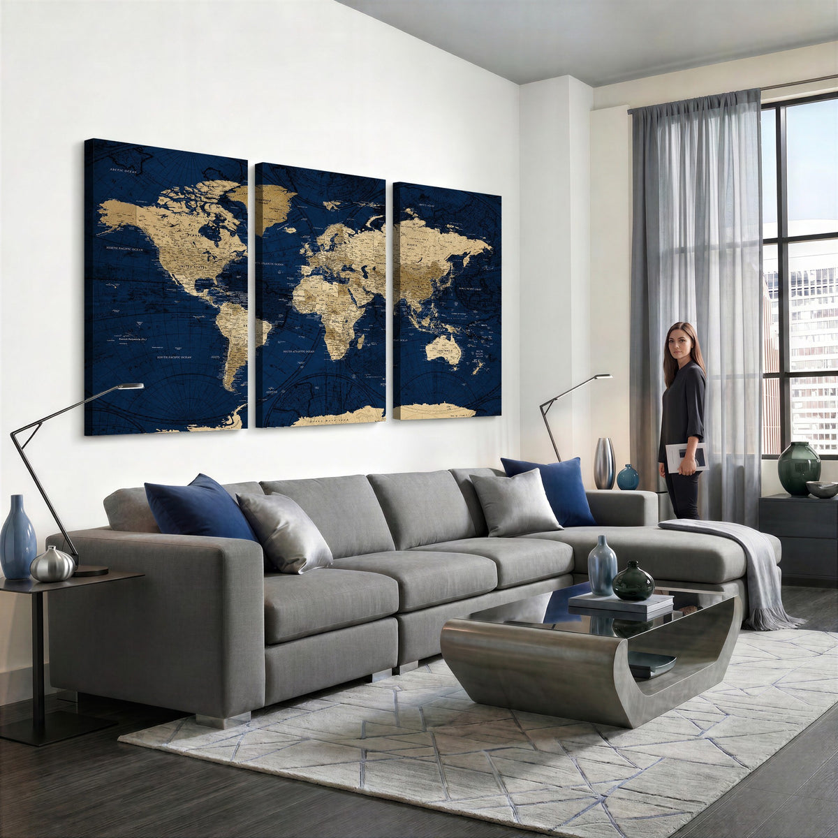 54770746-MGV-CV-24X16 - Navy Blue World Map Canvas Print | Detailed Minimal Navy Map Artwork