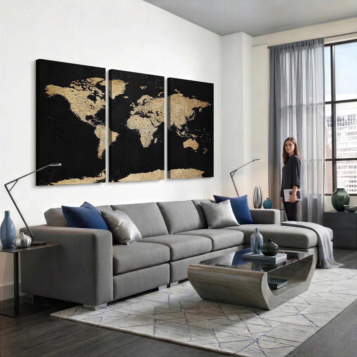 71518849-MGV-CV-36X24 - Beige World Map Canvas Wall Art Print, Minimal Black and