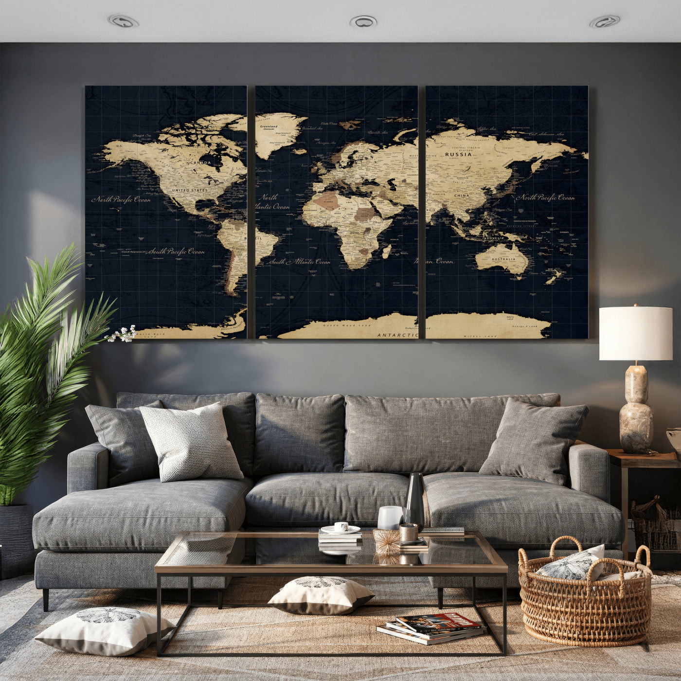 45063434-MGV-CV-36X24 - World Map Wall Art Canvas Print, Modern Decorative Framed Map Artwork Prints for Living Room, Office, Bedroom Wall Decor