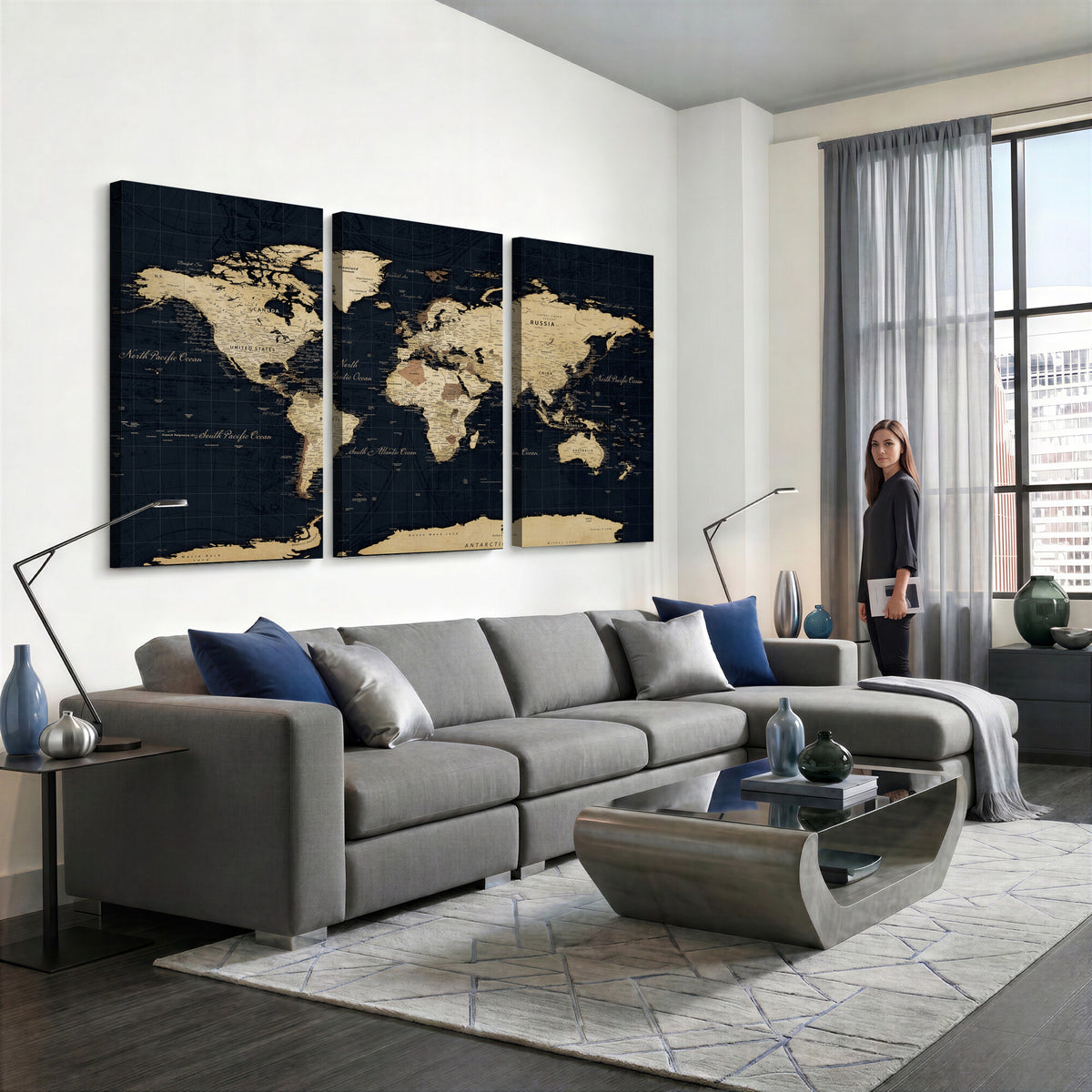 45063434-MGV-CV-36X24 - Dark World Map Canvas Wall Art Print, Minimal Black and Gold Map