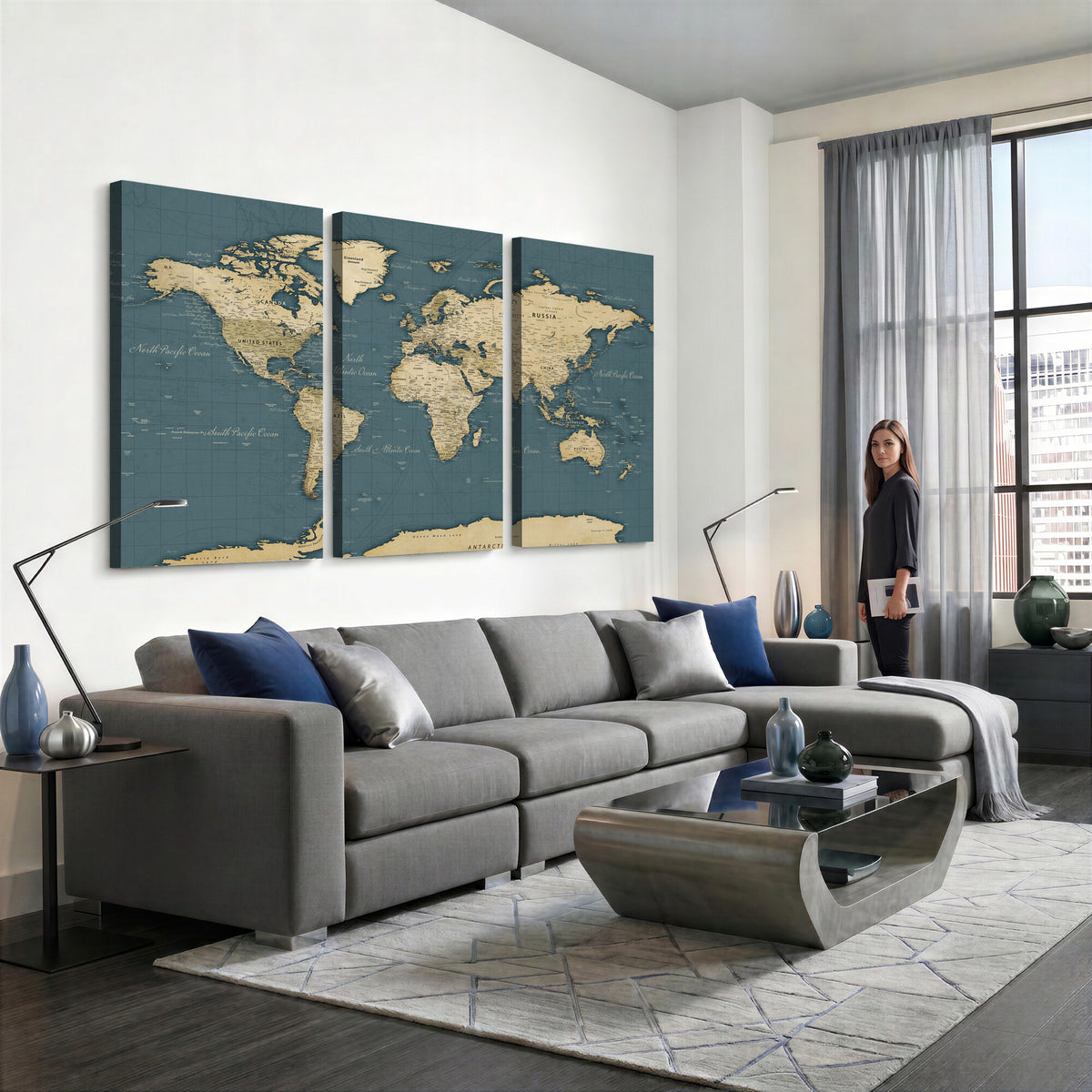 99599383-MGV-CV-36X24 - Minimal Vintage World Map Canvas Wall Art Print, Neutral