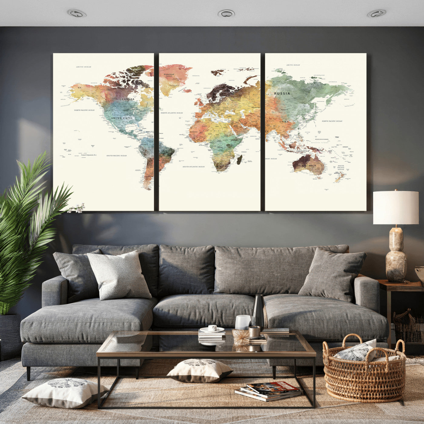 64206059-MGV-CV-36X24 - World Map Wall Art Canvas Print, Modern Decorative Framed Map Artwork Prints for Living Room, Office, Bedroom Wall Decor