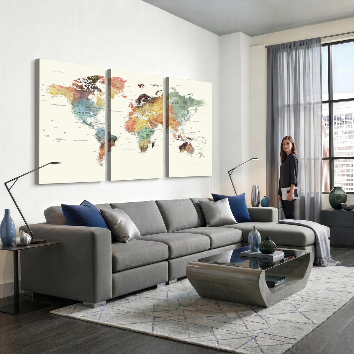 64206059-MGV-CV-36X24 - Framed World Map Wall Art Canvas Print for Living Room and Study Room