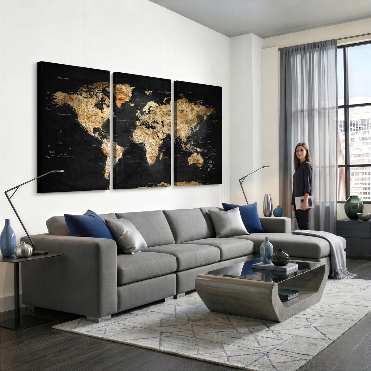 23568589-MGV-CV-36X24 - World Map Wall Art Canvas Print, Modern Decorative Framed Map Artwork Prints for Living Room, Office, Bedroom Wall Decor