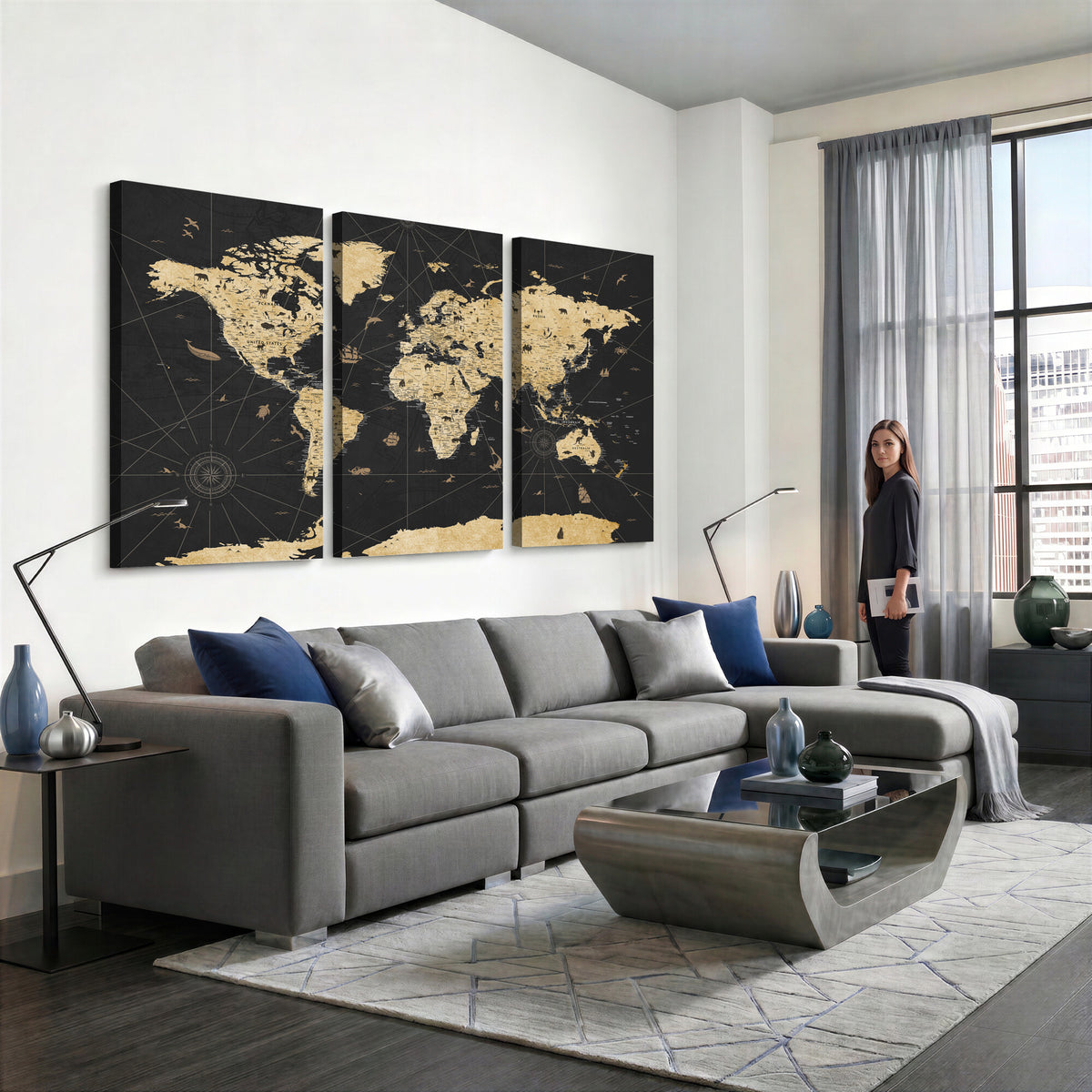 80270976-MGV-CV-36X24 - World Map Wall Art Canvas Print, Modern Decorative Framed Map Artwork Prints for Living Room, Office, Bedroom Wall Decor