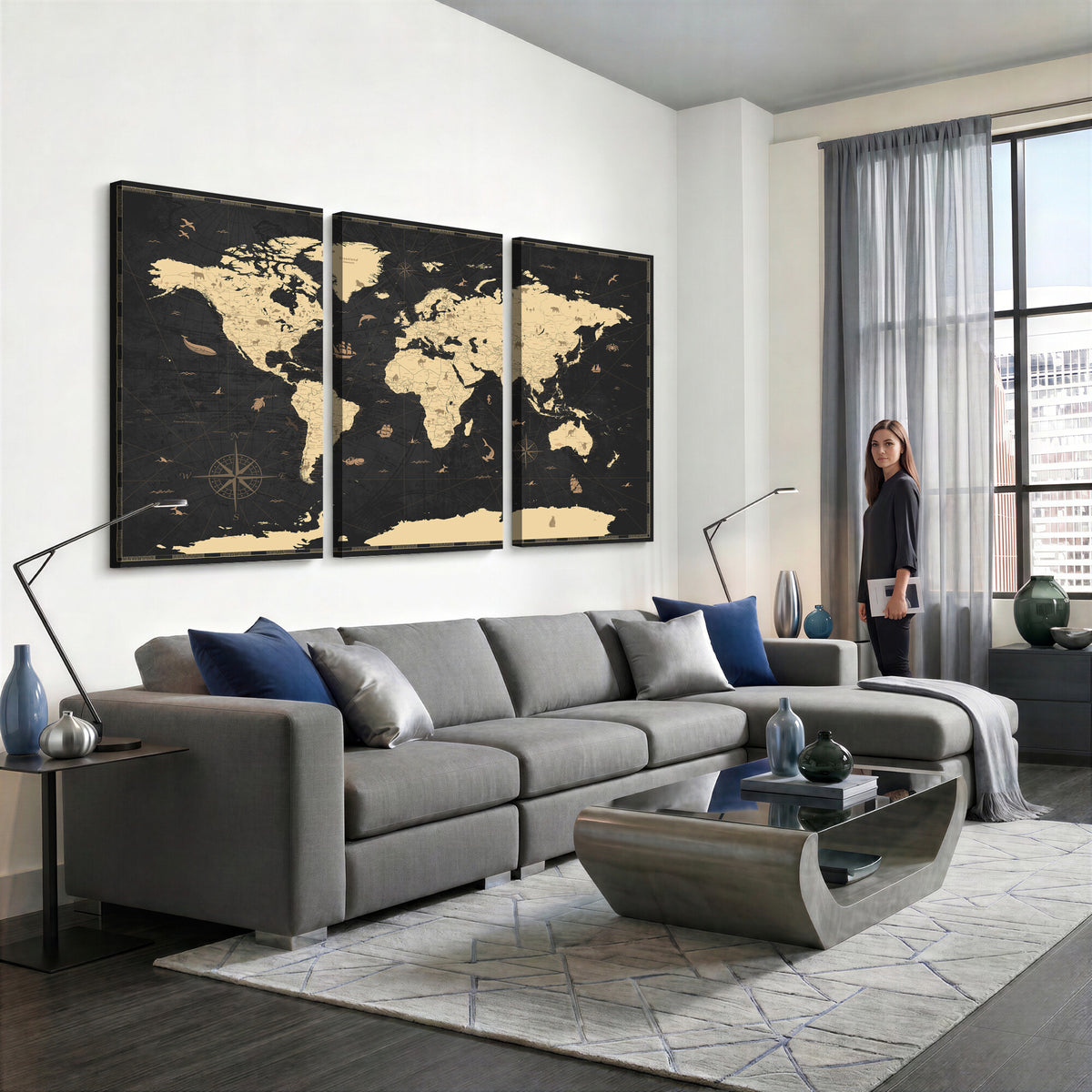 75220264-MGV-CV-36X24 - World Map Wall Art Canvas Print, Modern Decorative Framed Map Artwork Prints for Living Room, Office, Bedroom Wall Decor