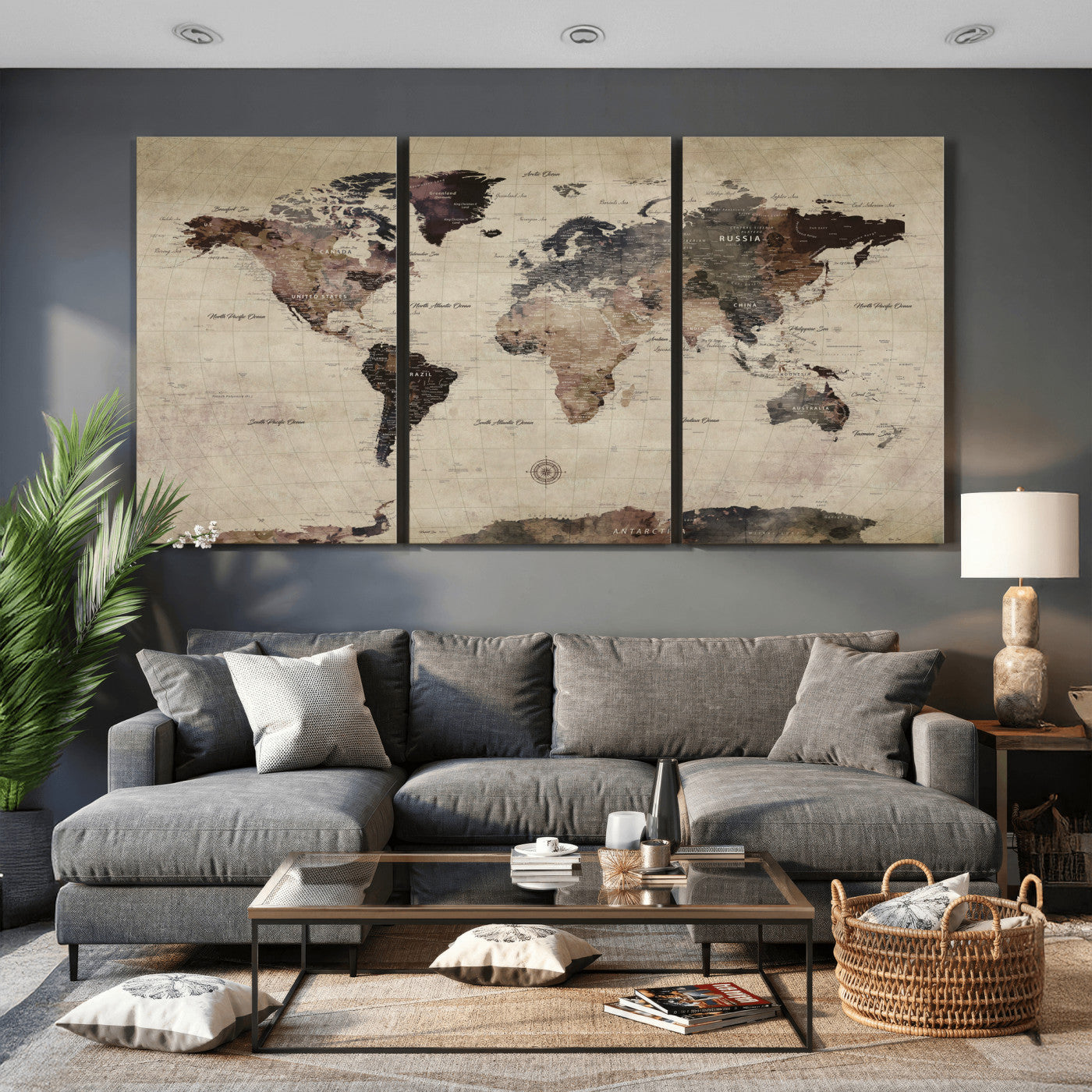 60560672-MGV-CV-36X24 - World Map Wall Art Canvas Print, Modern Decorative Framed Map Artwork Prints for Living Room, Office, Bedroom Wall Decor