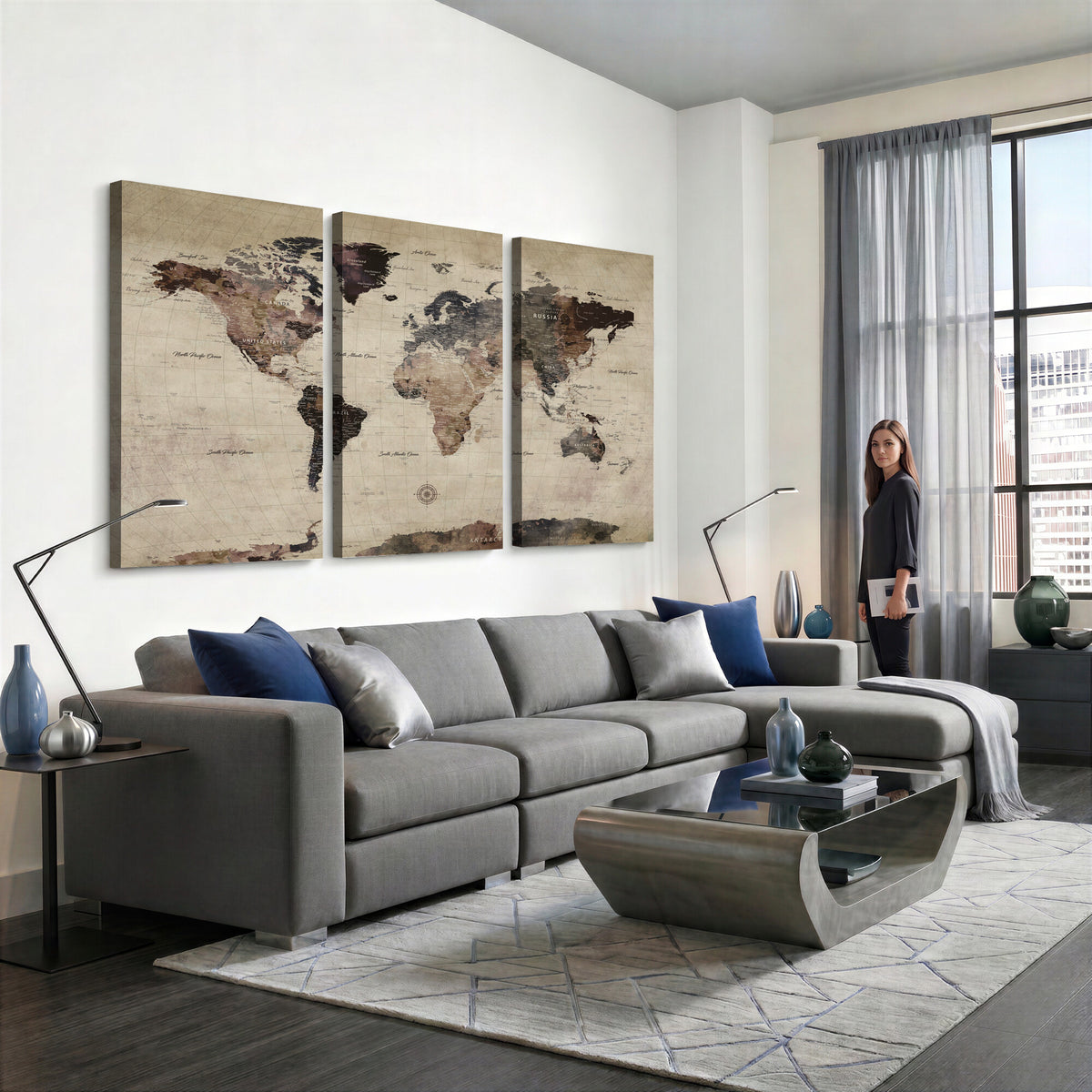 60560672-MGV-CV-36X24 - World Map Wall Art Canvas Print, Modern Decorative Framed Map Artwork Prints for Living Room, Office, Bedroom Wall Decor