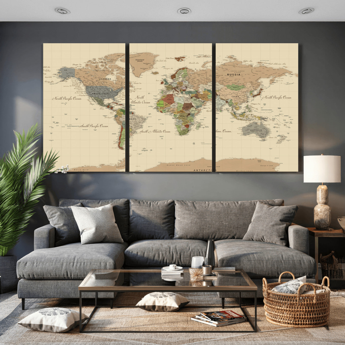 31407854-MGV-CV-36X24 - World Map Wall Art Canvas Print, Modern Decorative Framed Map Artwork Prints for Living Room, Office, Bedroom Wall Decor