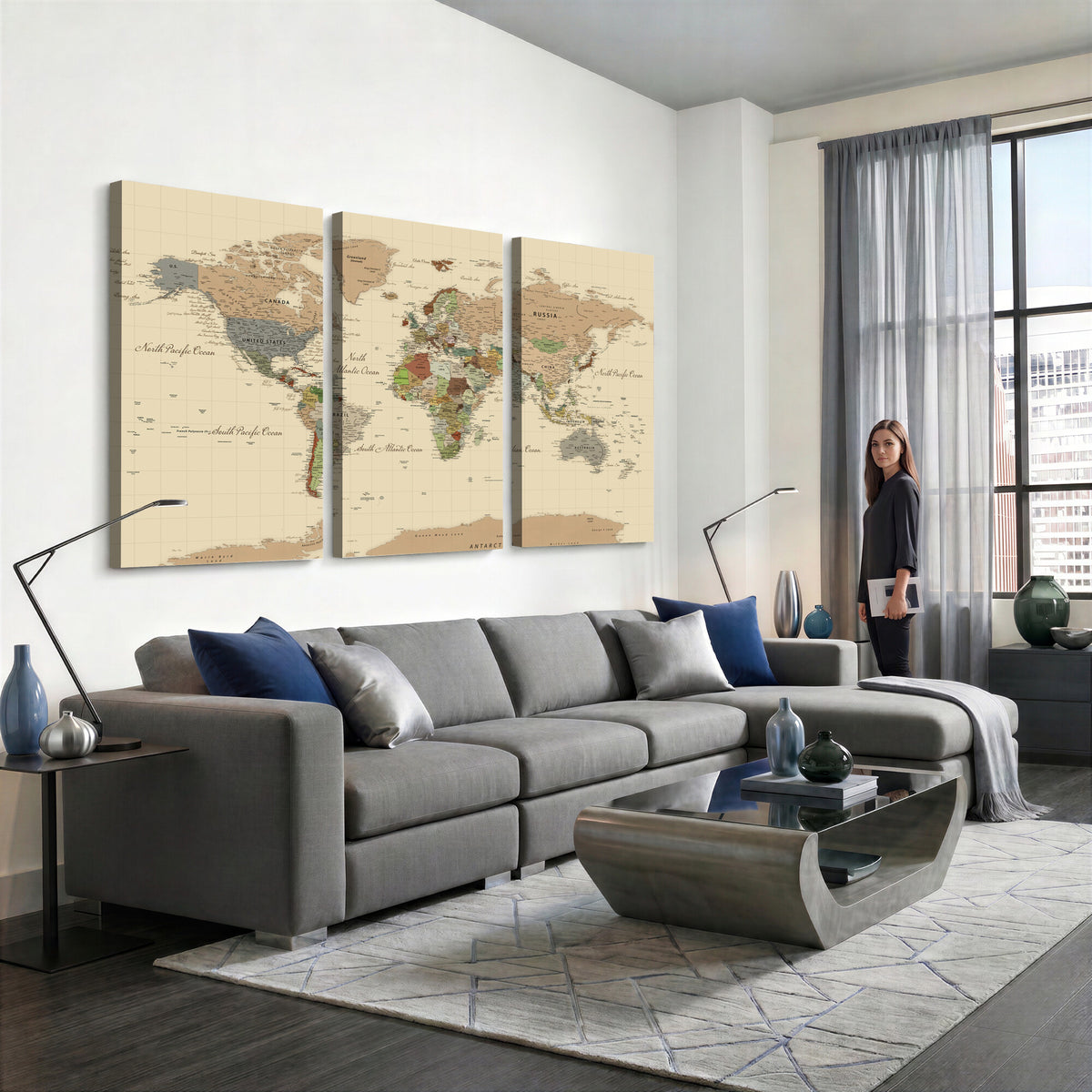 31407854-MGV-CV-36X24 - World Map Wall Art Canvas Print, Modern Decorative Framed Map Artwork Prints for Living Room, Office, Bedroom Wall Decor