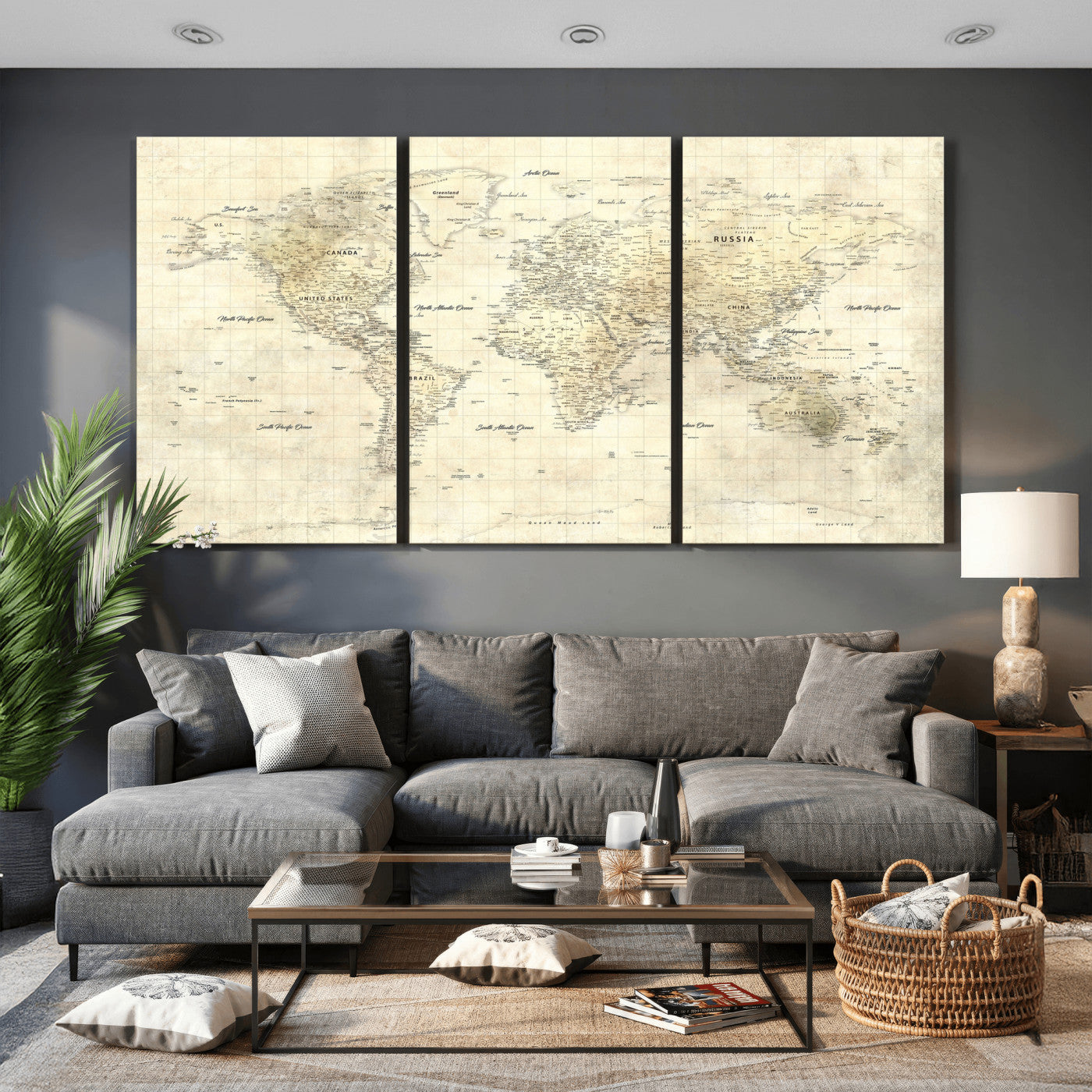 17101439-MGV-CV-36X24 - World Map Wall Art Canvas Print, Modern Decorative Framed Map Artwork Prints for Living Room, Office, Bedroom Wall Decor