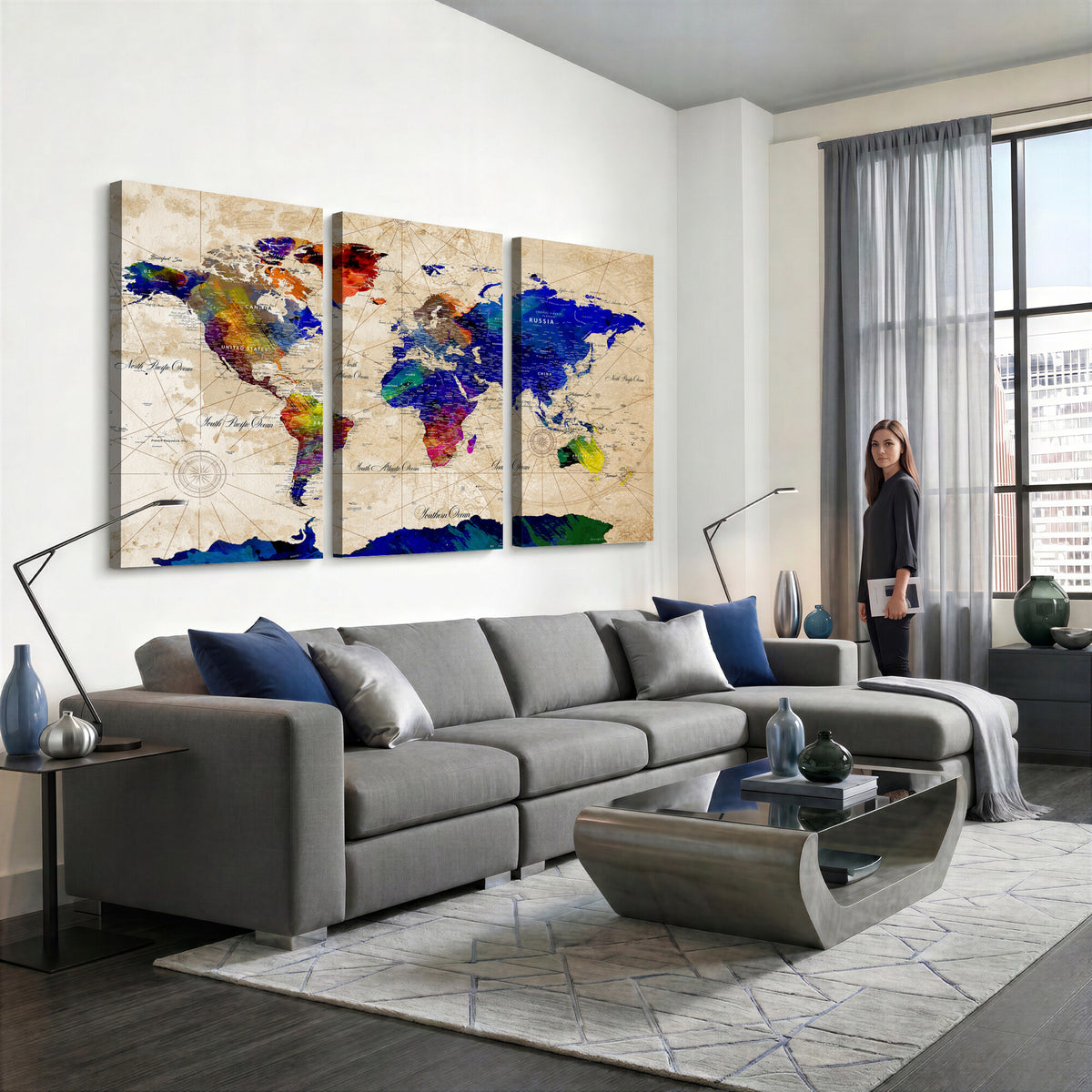 26284075-MGV-CV-36X24 - World Map Wall Art Canvas Print, Modern Decorative Framed Map Artwork Prints for Living Room, Office, Bedroom Wall Decor