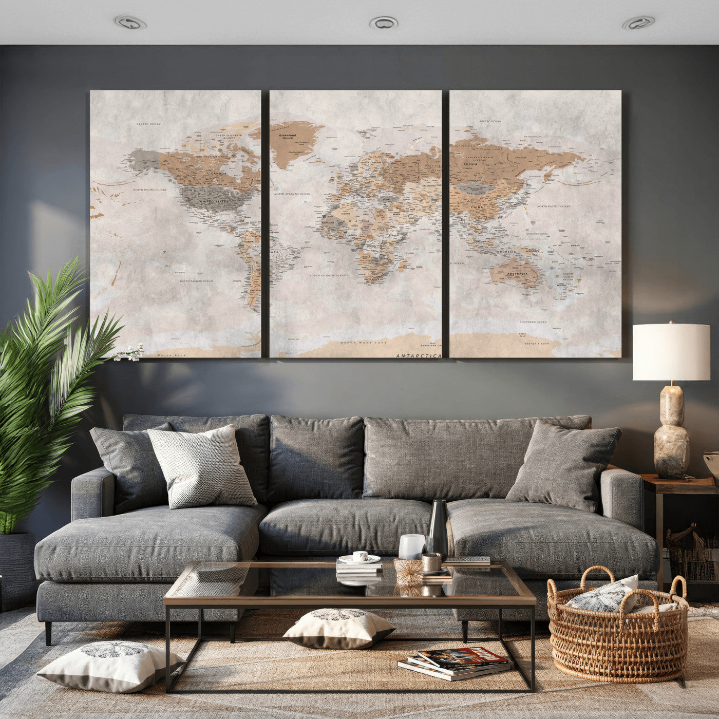 34051638-MGV-CV-36X24 - World Map Wall Art Canvas Print, Modern Decorative Framed Map Artwork Prints for Living Room, Office, Bedroom Wall Decor