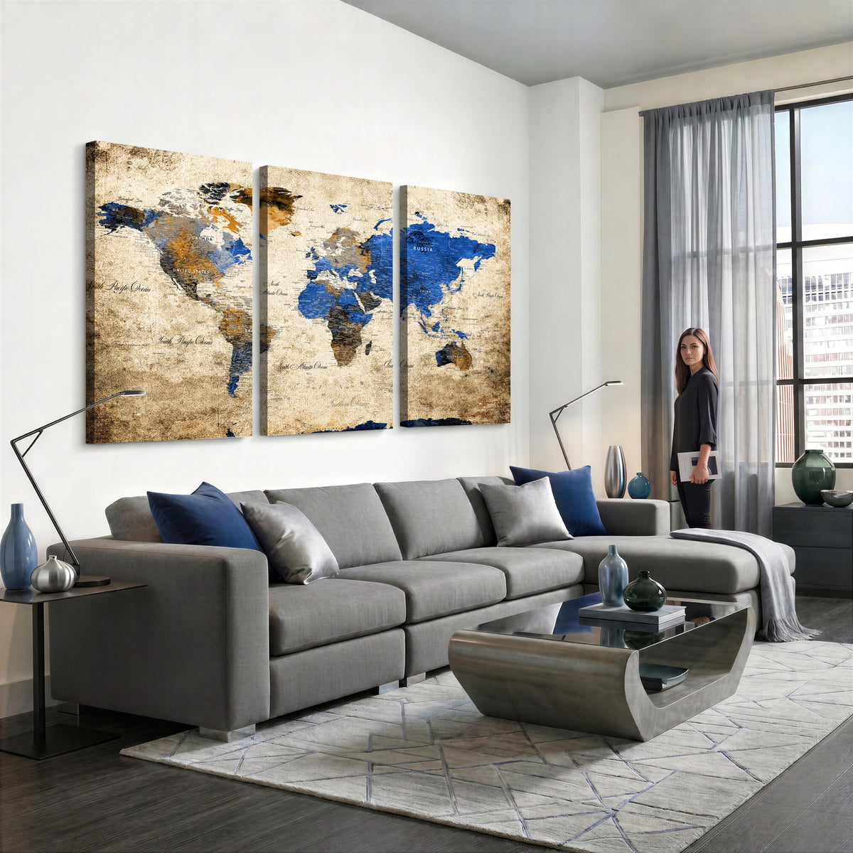 27314341-MGV-CV-36X24 - World Map Wall Art Canvas Print, Modern Decorative Framed Map Artwork Prints for Living Room, Office, Bedroom Wall Decor