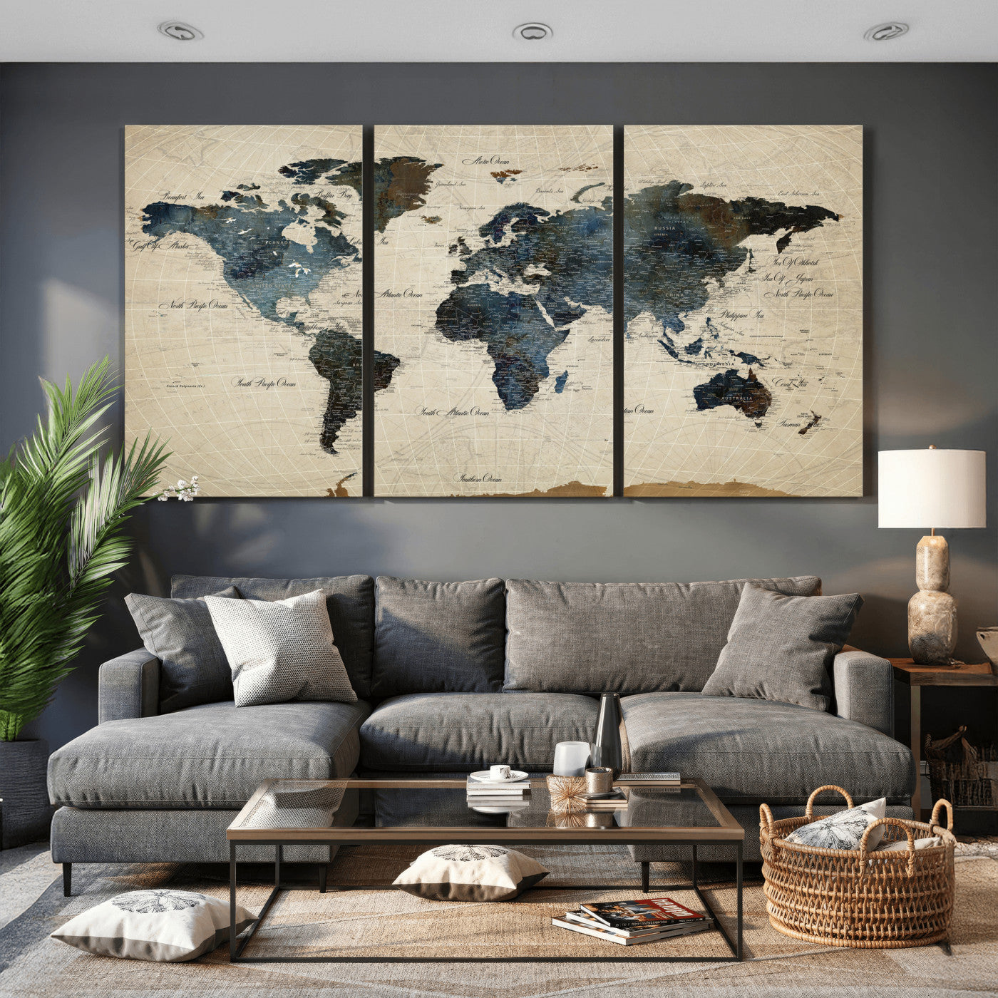 72927803-MGV-CV-36X24 - World Map Wall Art Canvas Print, Modern Decorative Framed Map Artwork Prints for Living Room, Office, Bedroom Wall Decor