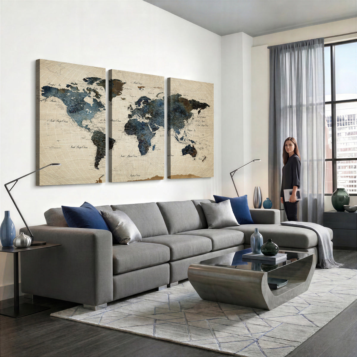 72927803-MGV-CV-36X24 - World Map Wall Art Canvas Print, Modern Decorative Framed Map Artwork Prints for Living Room, Office, Bedroom Wall Decor