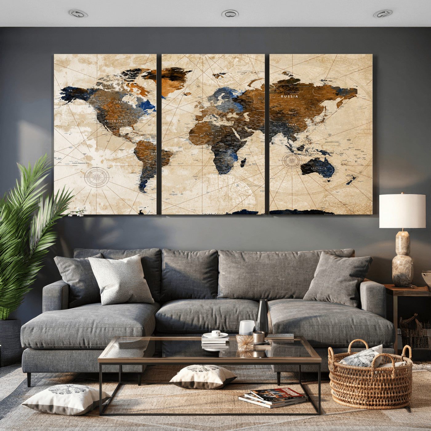 15727090-MGV-CV-36X24 - World Map Wall Art Canvas Print, Modern Decorative Framed Map Artwork Prints for Living Room, Office, Bedroom Wall Decor