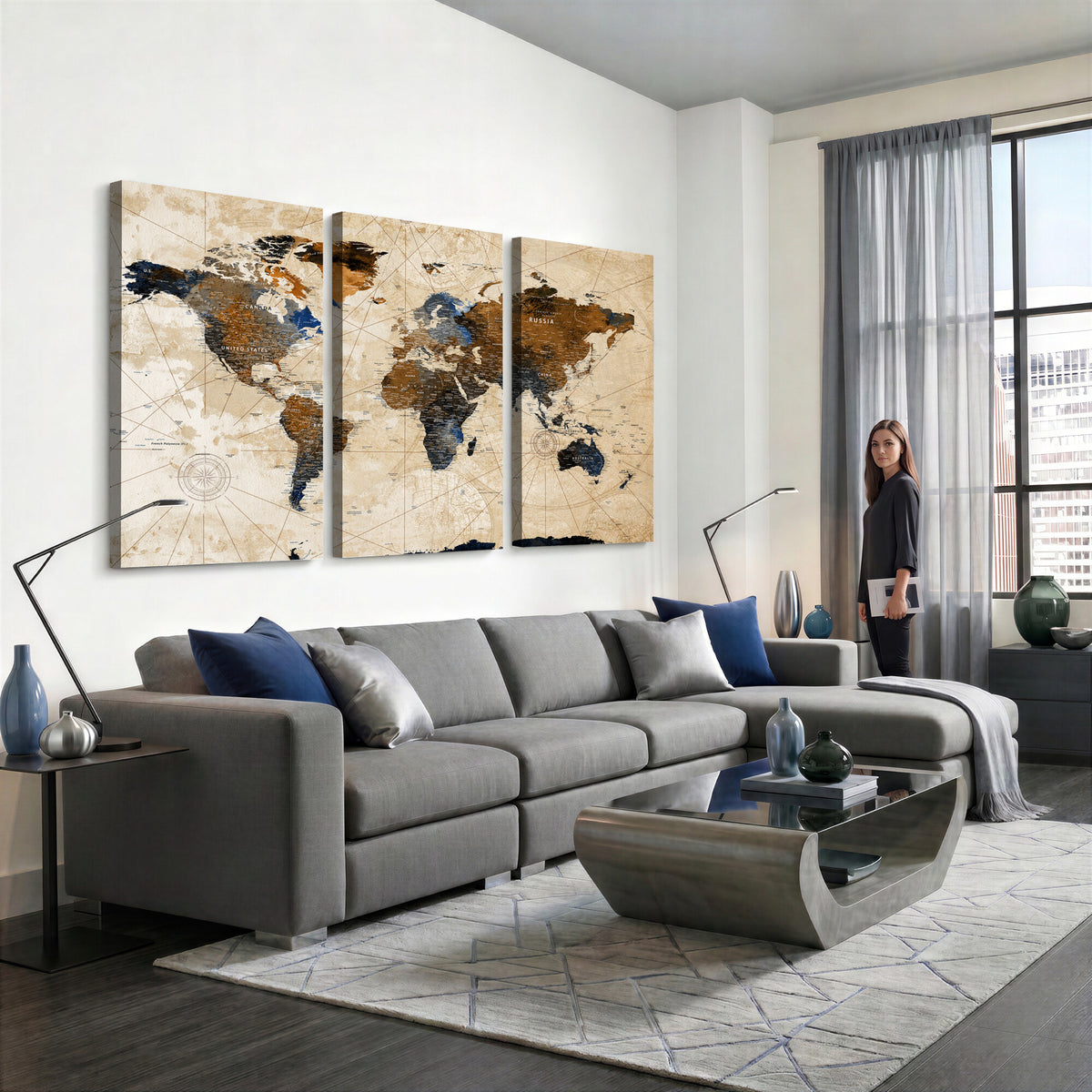 15727090-MGV-CV-36X24 - World Map Wall Art Canvas Print, Modern Decorative Framed Map Artwork Prints for Living Room, Office, Bedroom Wall Decor