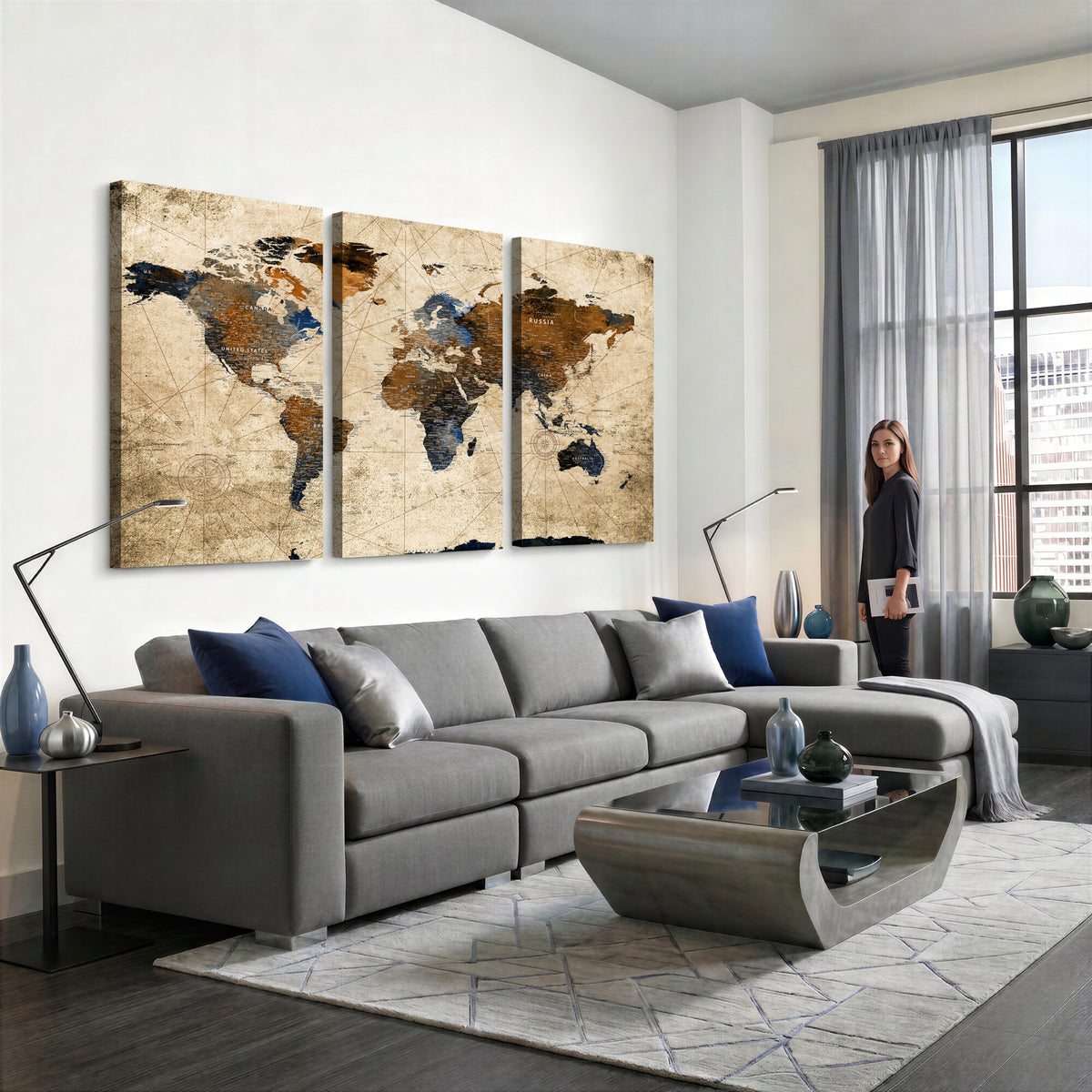 27163414-MGV-CV-36X24 - World Map Wall Art – Rustic Earth Tone Canvas Print, Antique