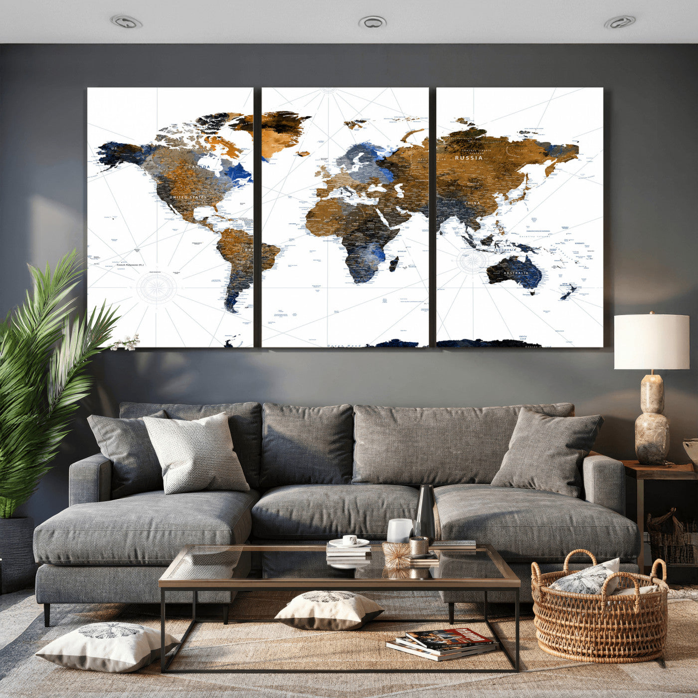 56364879-MGV-CV-36X24 - World Map Wall Art Canvas Print, Modern Decorative Framed Map Artwork Prints for Living Room Decor