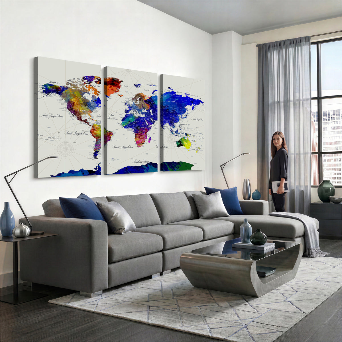 49670038-MGV-CV-36X24 - World Map Wall Art Canvas Print, Modern Decorative Framed Map Artwork Prints for Living Room, Office, Bedroom Wall Decor