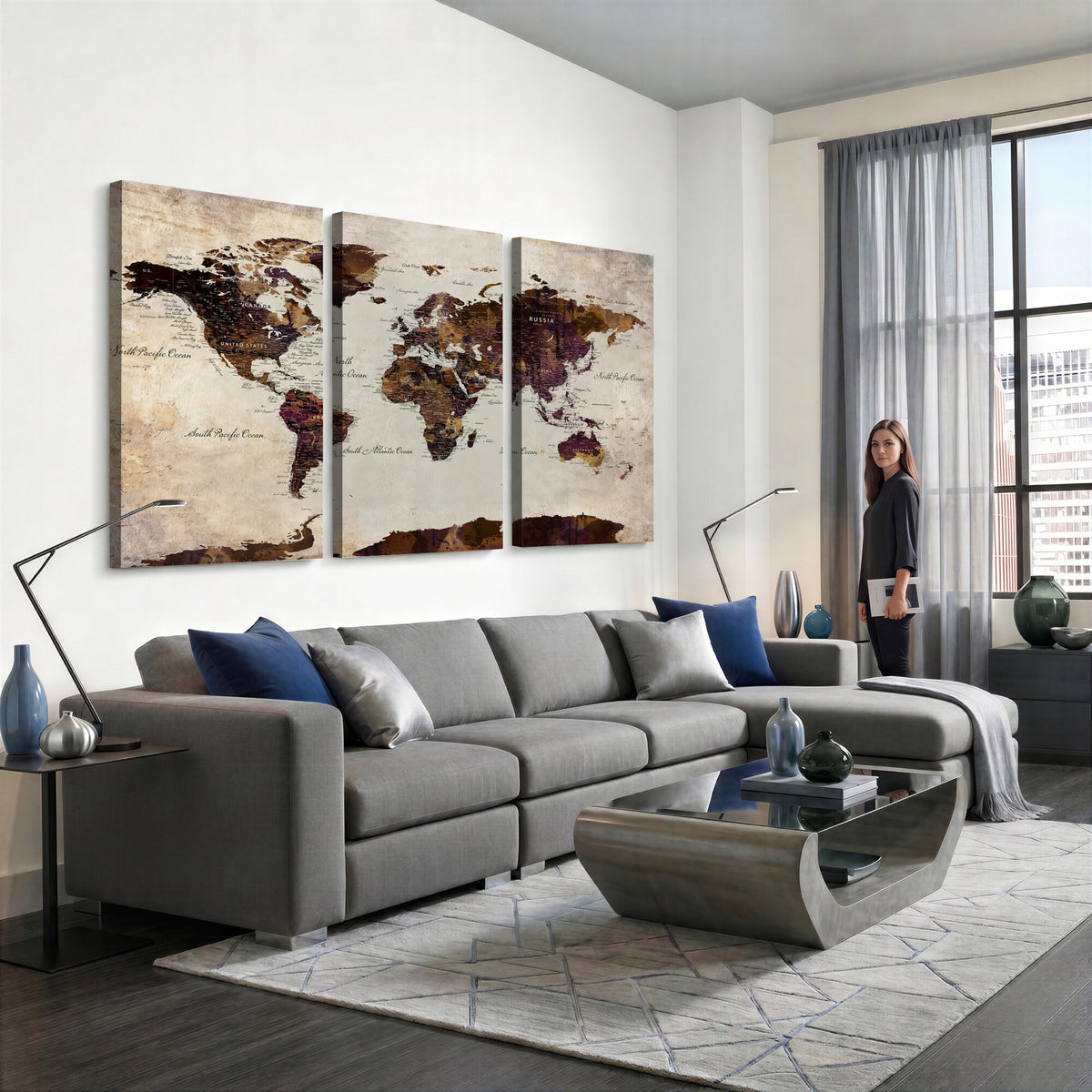 50611123-MGV-CV-36X24 - World Map Canvas Triptych | Colorful Global Wall Art for Living Rooms