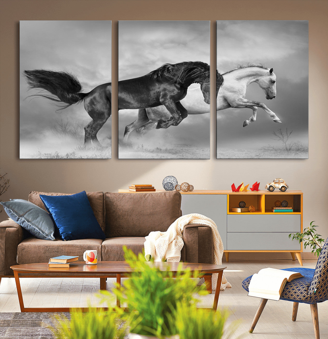 93546-MGV-CV-36X24-Wild Horses Wall Art Canvas Print – Framed Black and White Galloping Horses Dynamic Animal Artwork for Home, Office
