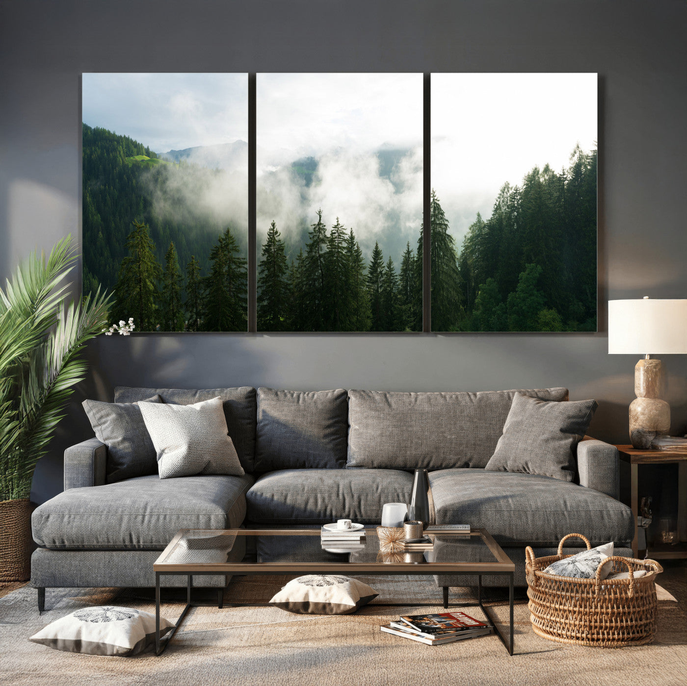 67174129-MGV-CV-36X24 - Misty Mountain Forest Canvas Print, Foggy Pine Trees Nature Wall Art, Framed Canvas Ready to Hang