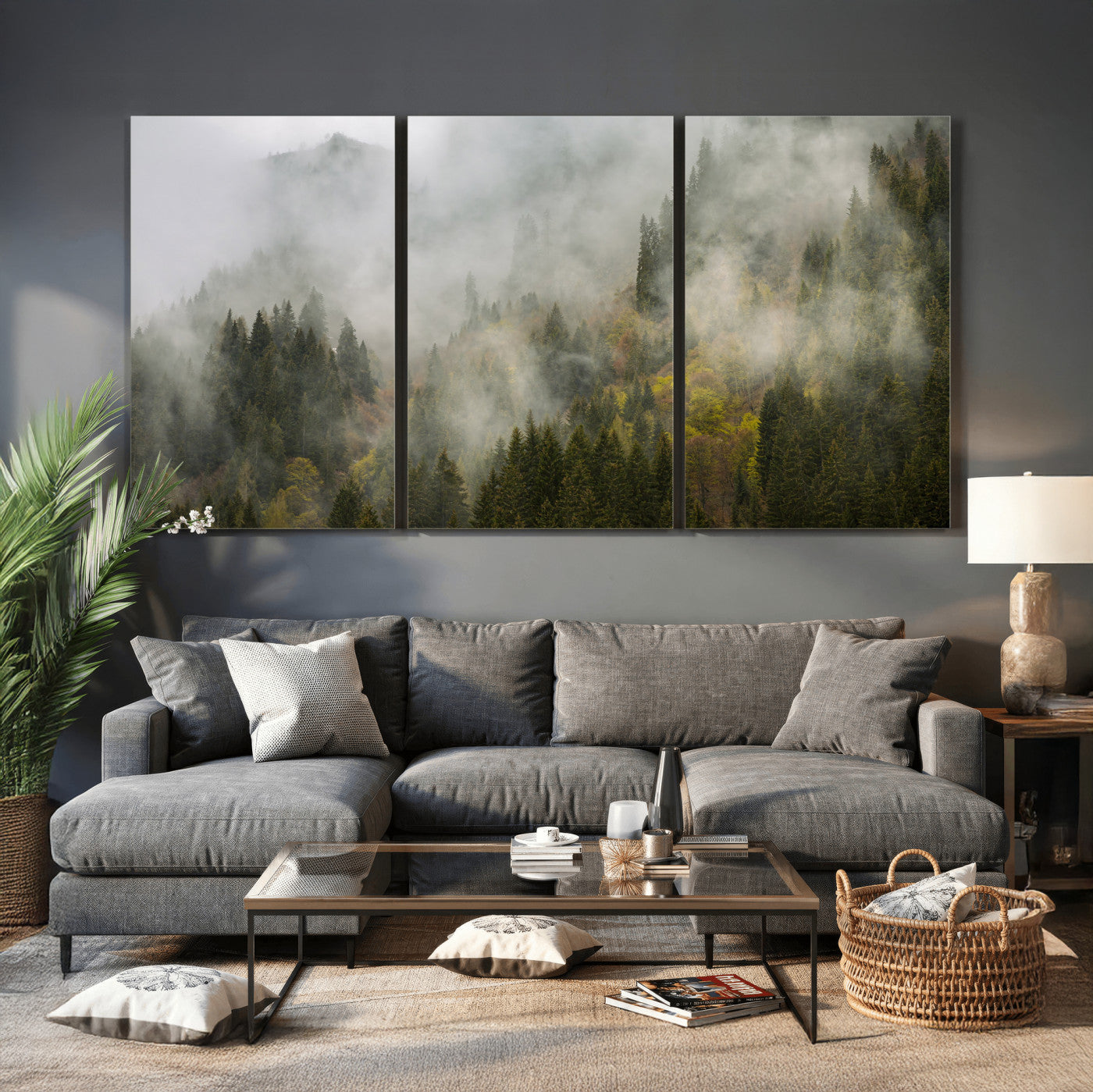 31152954-MGV-CV-36X24 - Misty Mountain Forest Canvas Print, Foggy Pine Trees Nature Wall Art, Framed Canvas Ready to Hang