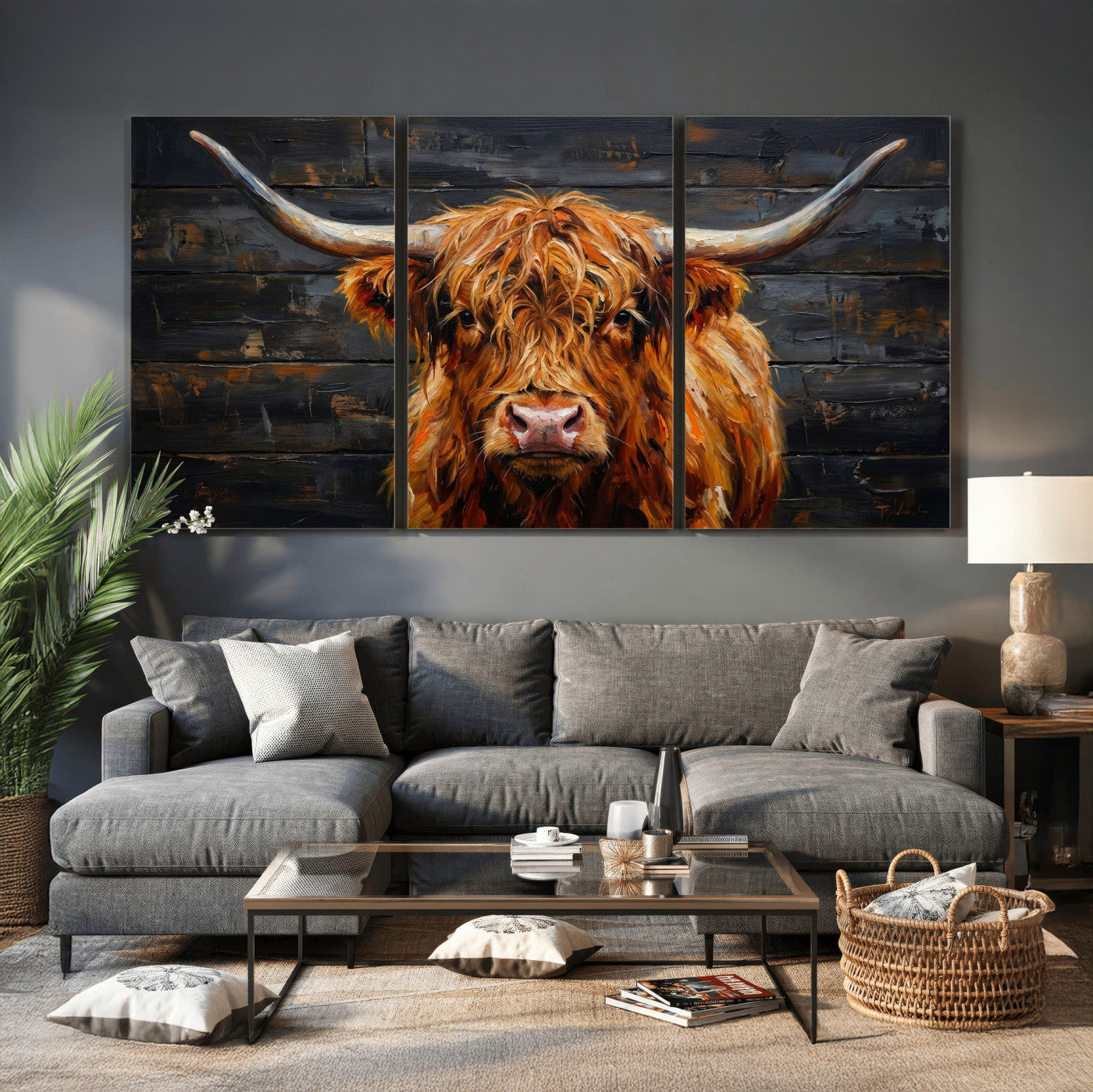 32536611-MGV-CV-36X24 - Highland Cow Wall Art Canvas Print, Rustic Farm Animal Painting, Framed Wall Art Ready to Hang