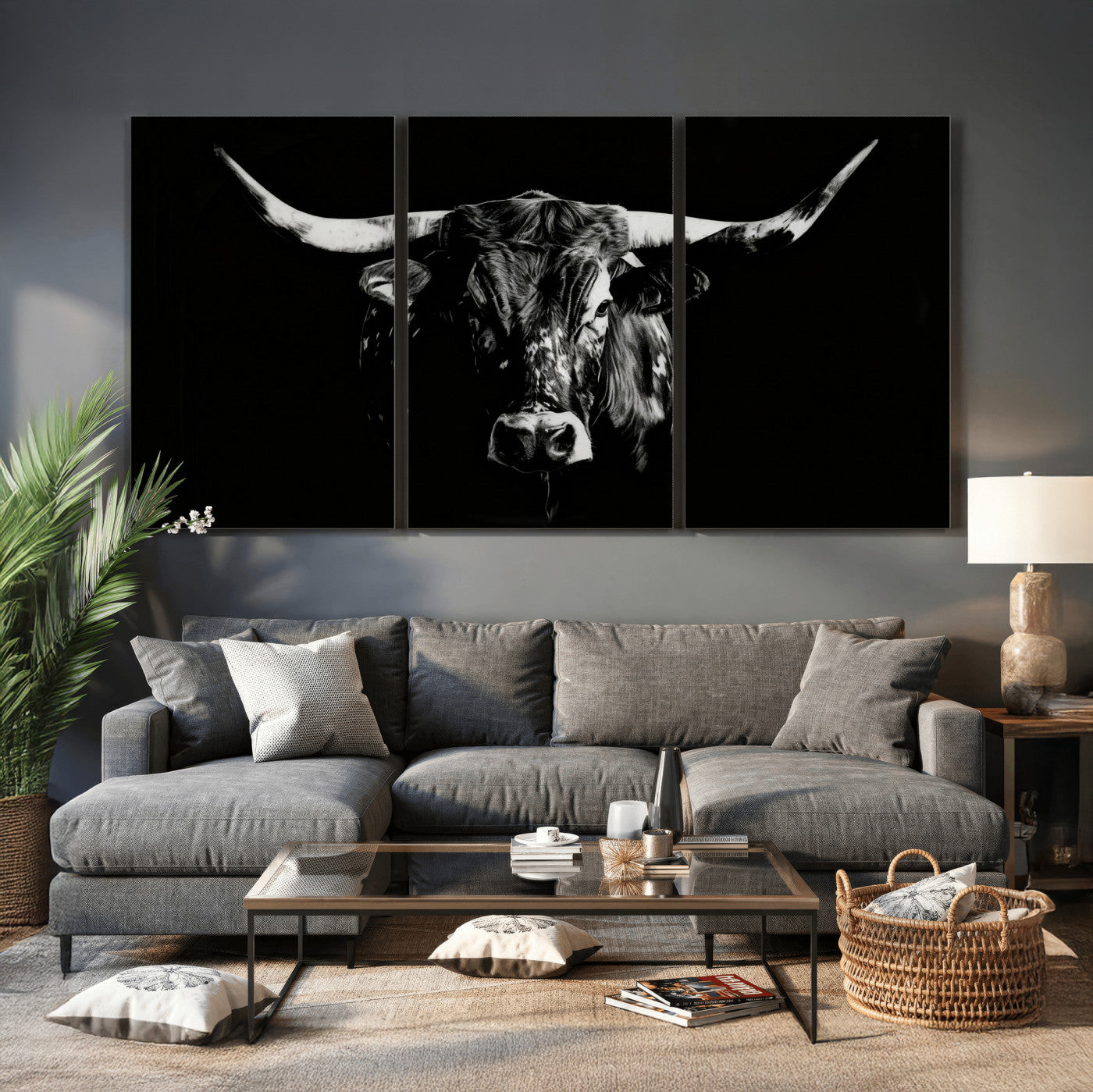 21436434-MGV-CV-36X24 - Black Bull Wall Art Canvas Print, Dark Longhorn Portrait Photography, Framed Wall Art Ready to Hang