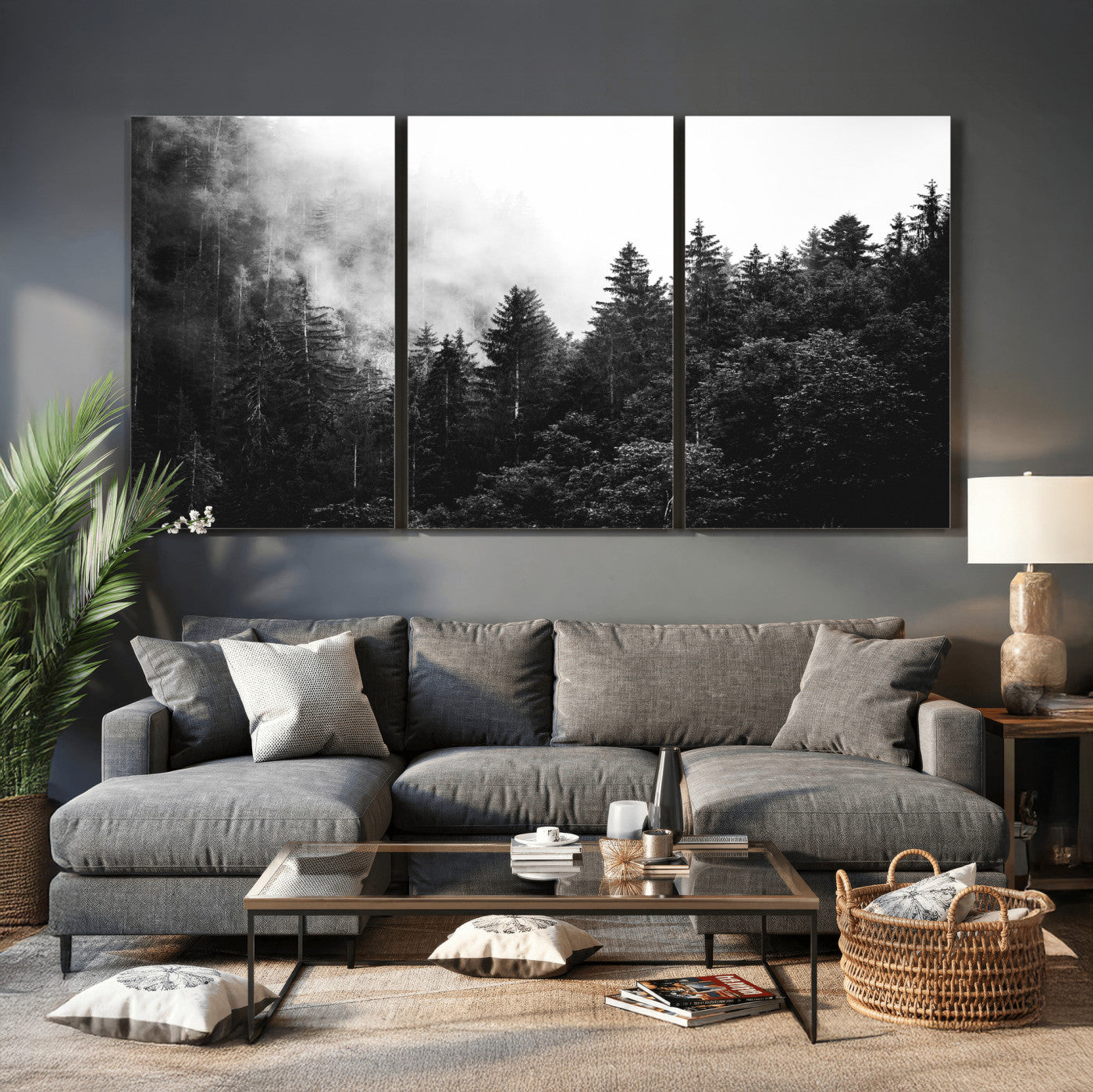 98764151-MGV-CV-36X24 - Black and White Forest Wall Art Canvas Print, Misty Pine Tree Landscape Photography, Framed Wall Art Ready to Hang