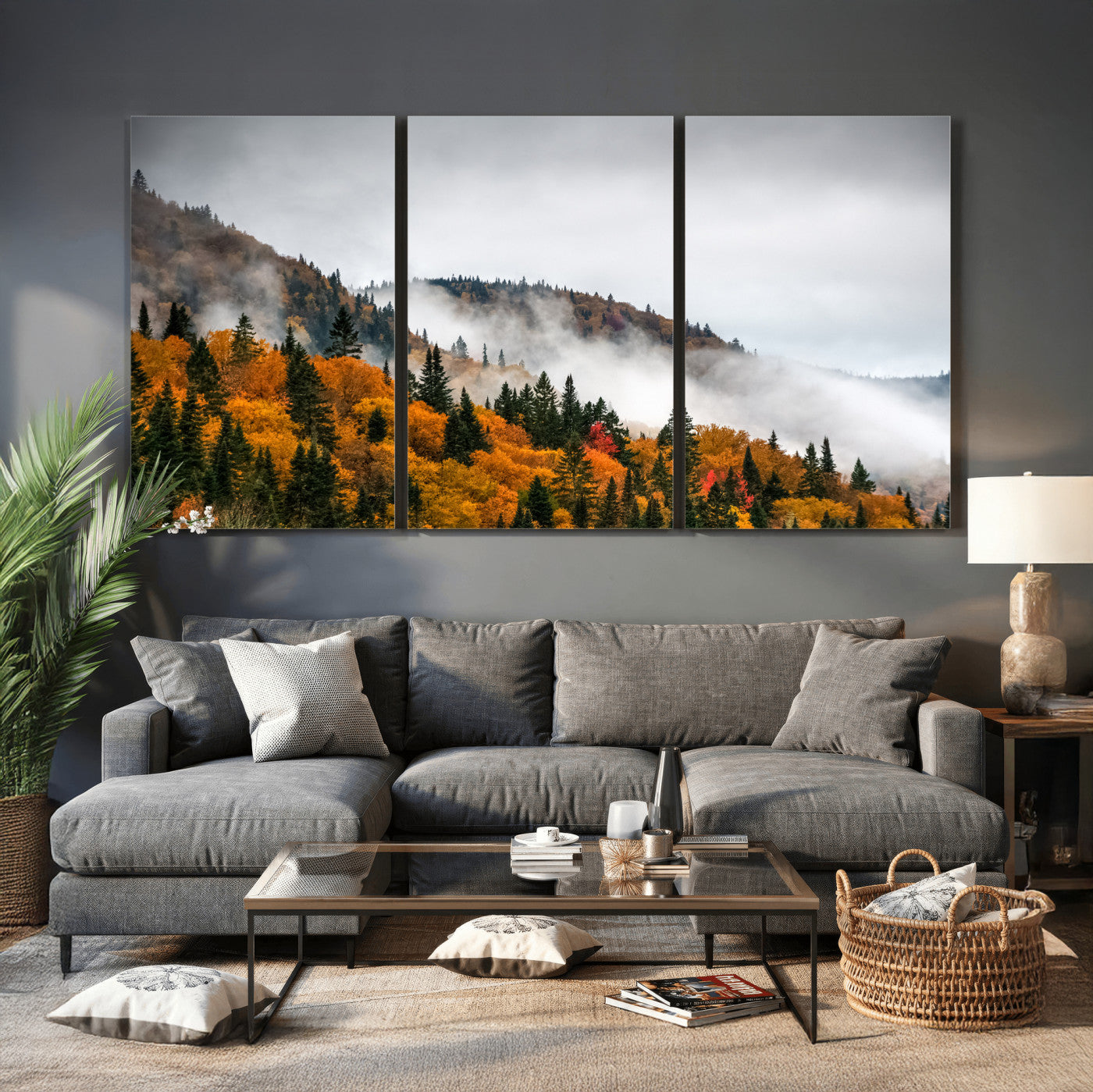 93581632-MGV-CV-36X24 - Autumn Forest Wall Art Canvas Print, Foggy Mountain Landscape Nature Photography, Framed Wall Art Ready to Hang
