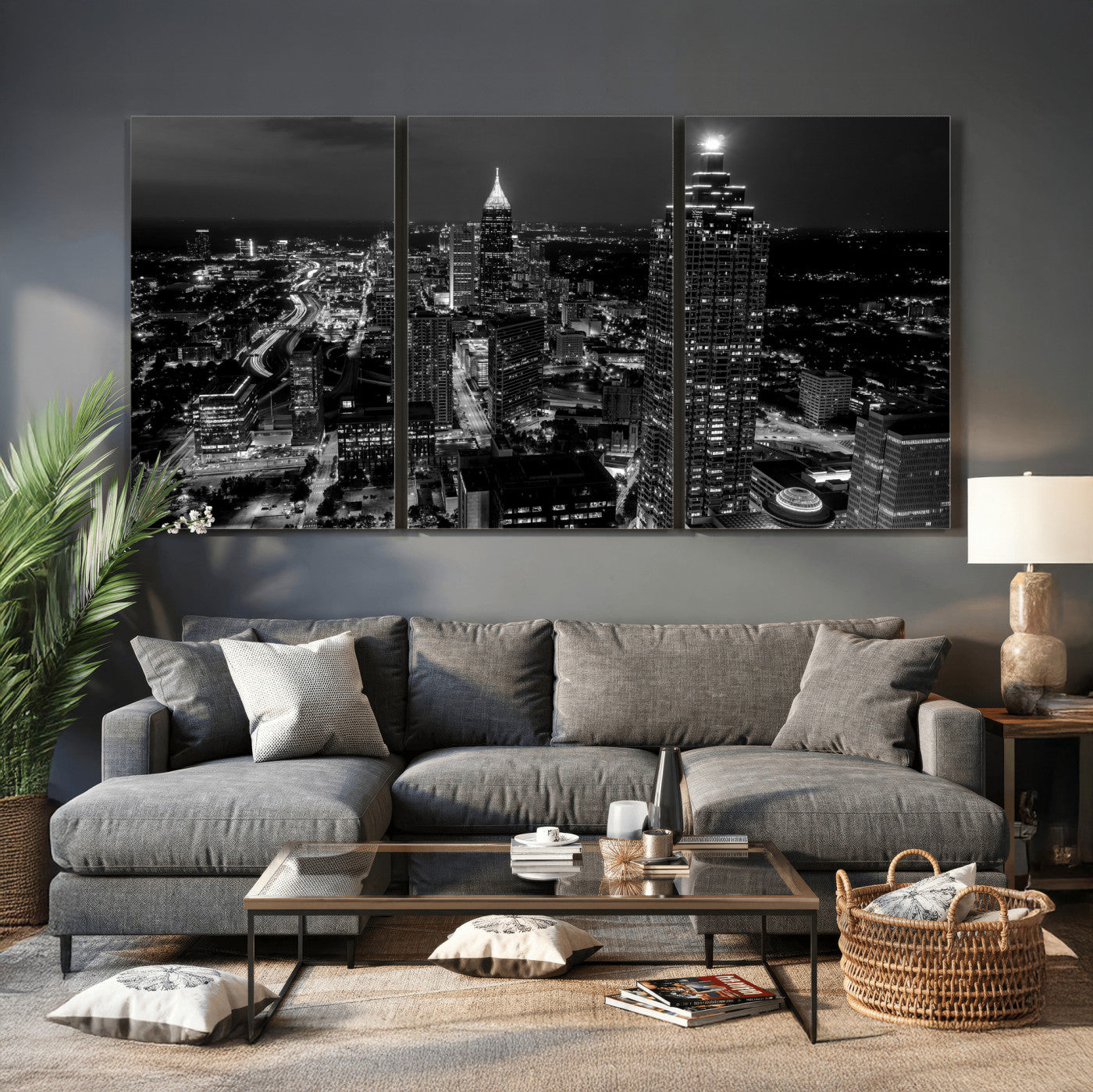 56773510-MGV-CV-36X24 - Atlanta Skyline Wall Art Canvas Print, Atlanta Downtown Night Cityscape Print for Modern Urban Wall Decor