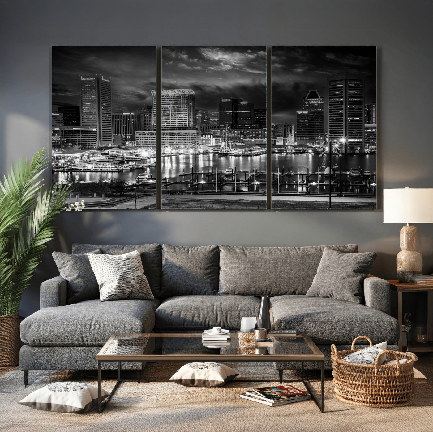 79755655-MGV-CV-36X24 - Baltimore Skyline Wall Art Canvas Print, Baltimore Downtown Night Cityscape Print for Modern Urban Wall Decor