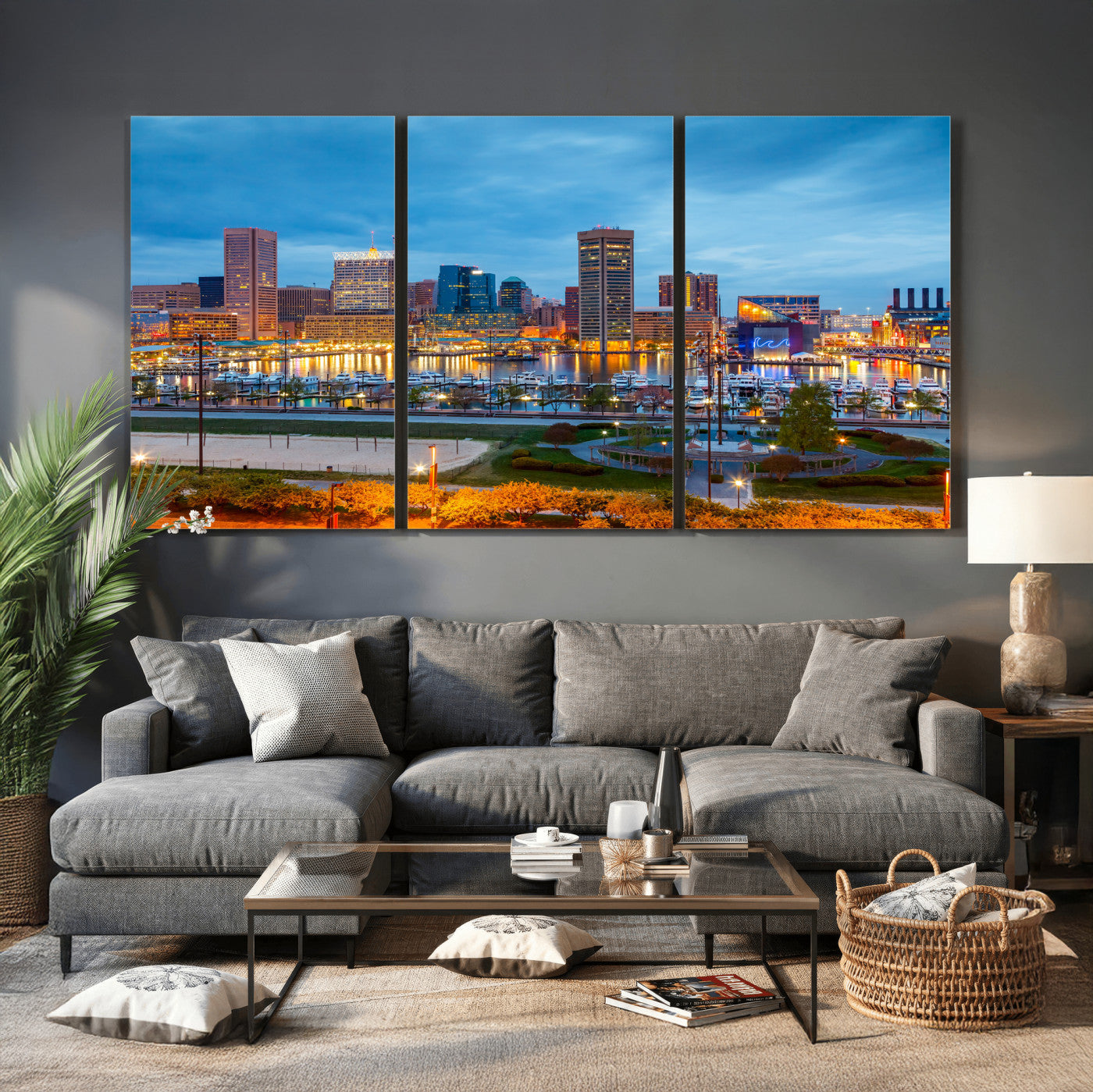 78635089-MGV-CV-36X24 - Baltimore Skyline Wall Art Canvas Print, Baltimore Downtown Night Cityscape Print for Modern Urban Wall Decor
