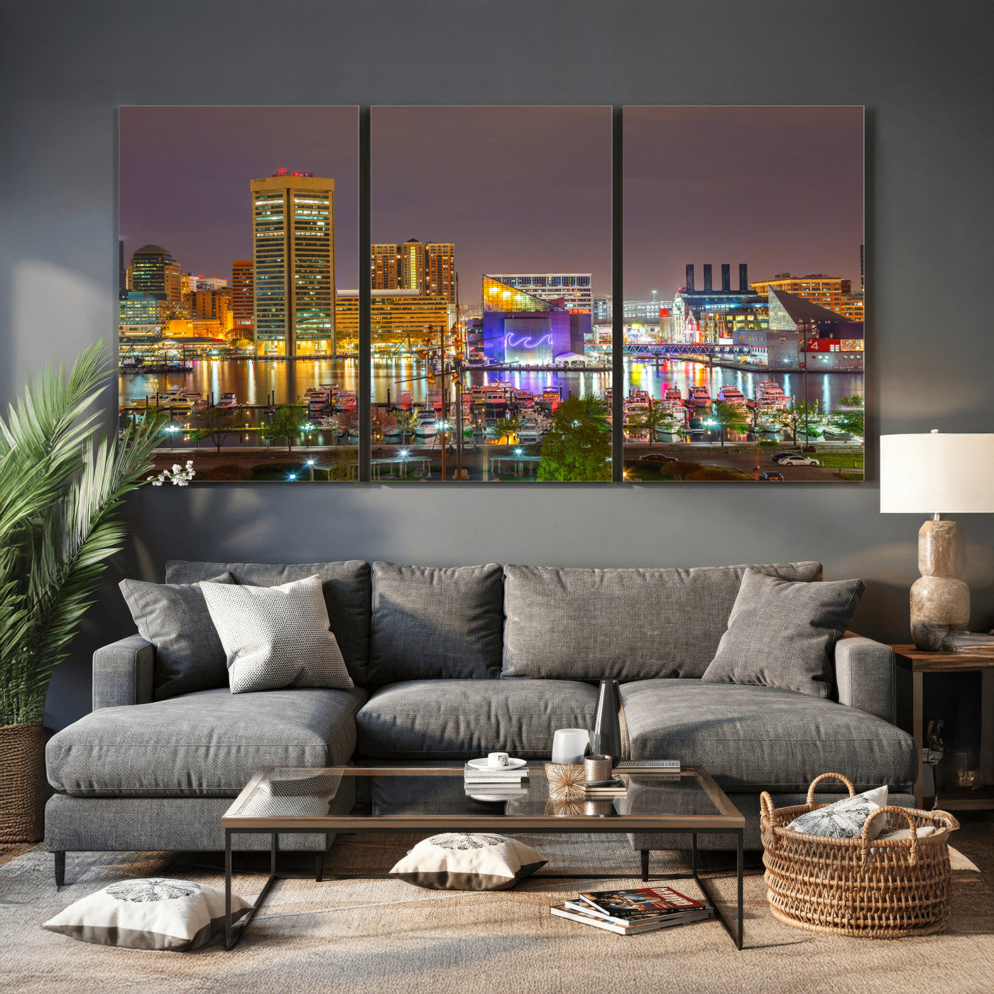 42654823-MGV-CV-36X24 - Baltimore Skyline Wall Art Canvas Print, Baltimore Downtown Night Cityscape Print for Modern Urban Wall Decor