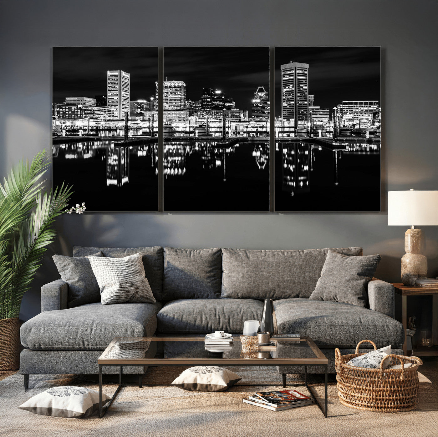 69187681-MGV-CV-36X24 - Baltimore Skyline Wall Art Canvas Print, Baltimore Downtown Night Cityscape Print for Modern Urban Wall Decor