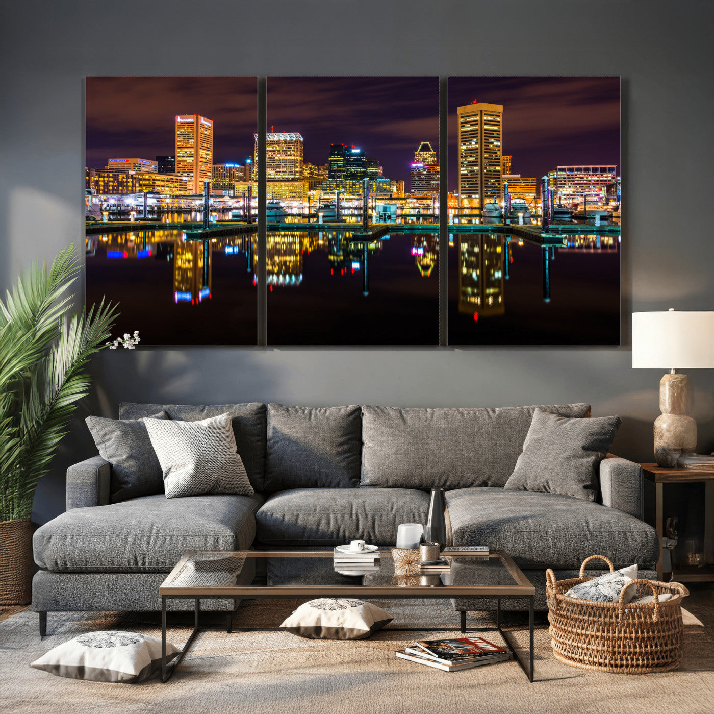 38201692-MGV-CV-36X24 - Baltimore Skyline Wall Art Canvas Print, Baltimore Downtown Night Cityscape Print for Modern Urban Wall Decor