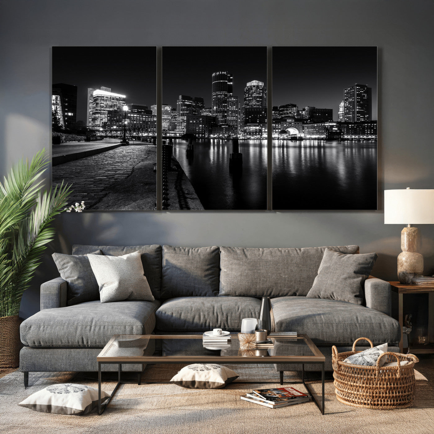 53082656-MGV-CV-36X24 - Boston Wall Art Canvas Print, Boston City Downtown Night Cityscape Print for Modern Urban Wall Decor