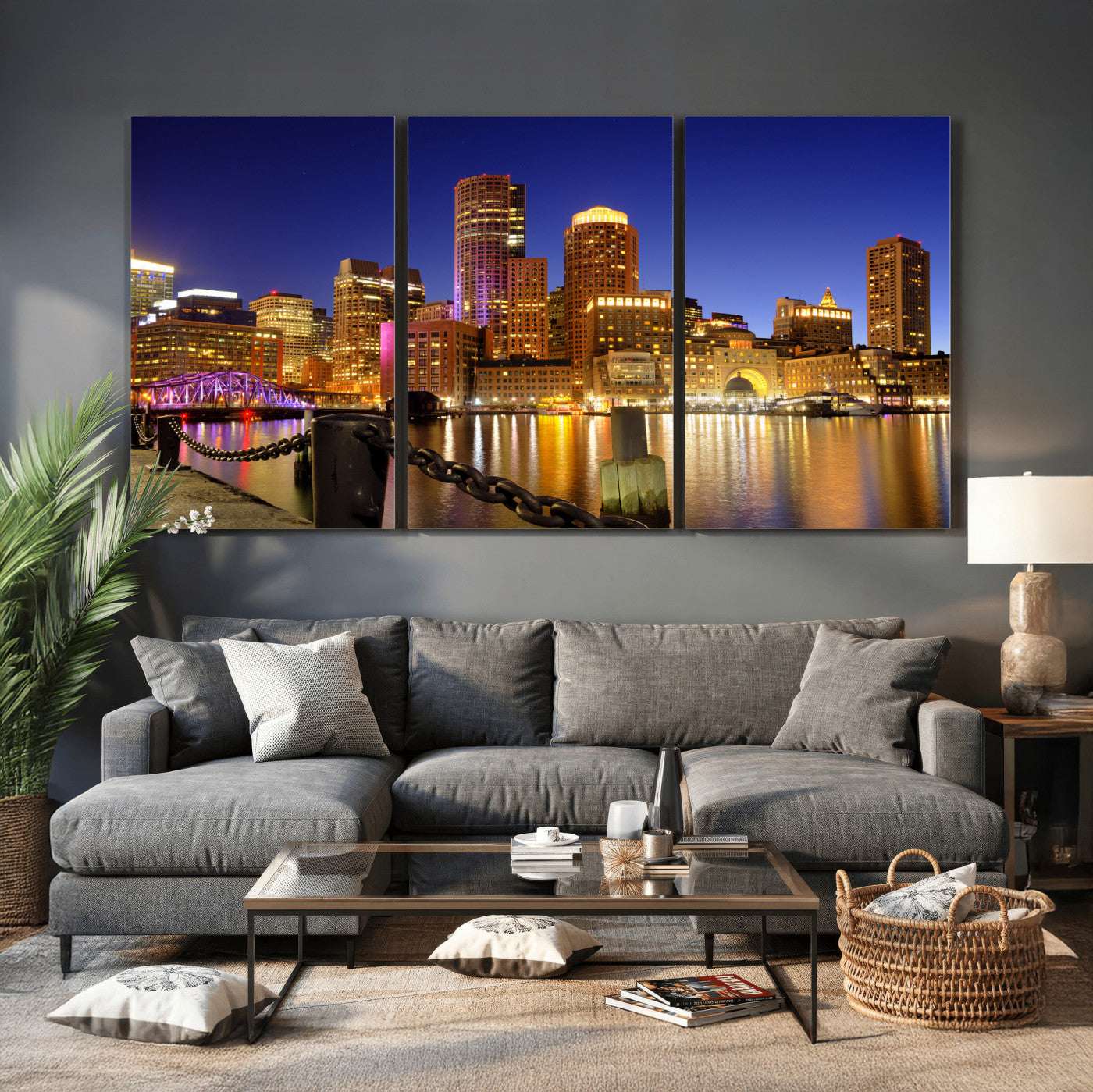 56611117-MGV-CV-36X24 - Boston Wall Art Canvas Print, Boston City Downtown Night Cityscape Print for Modern Urban Wall Decor