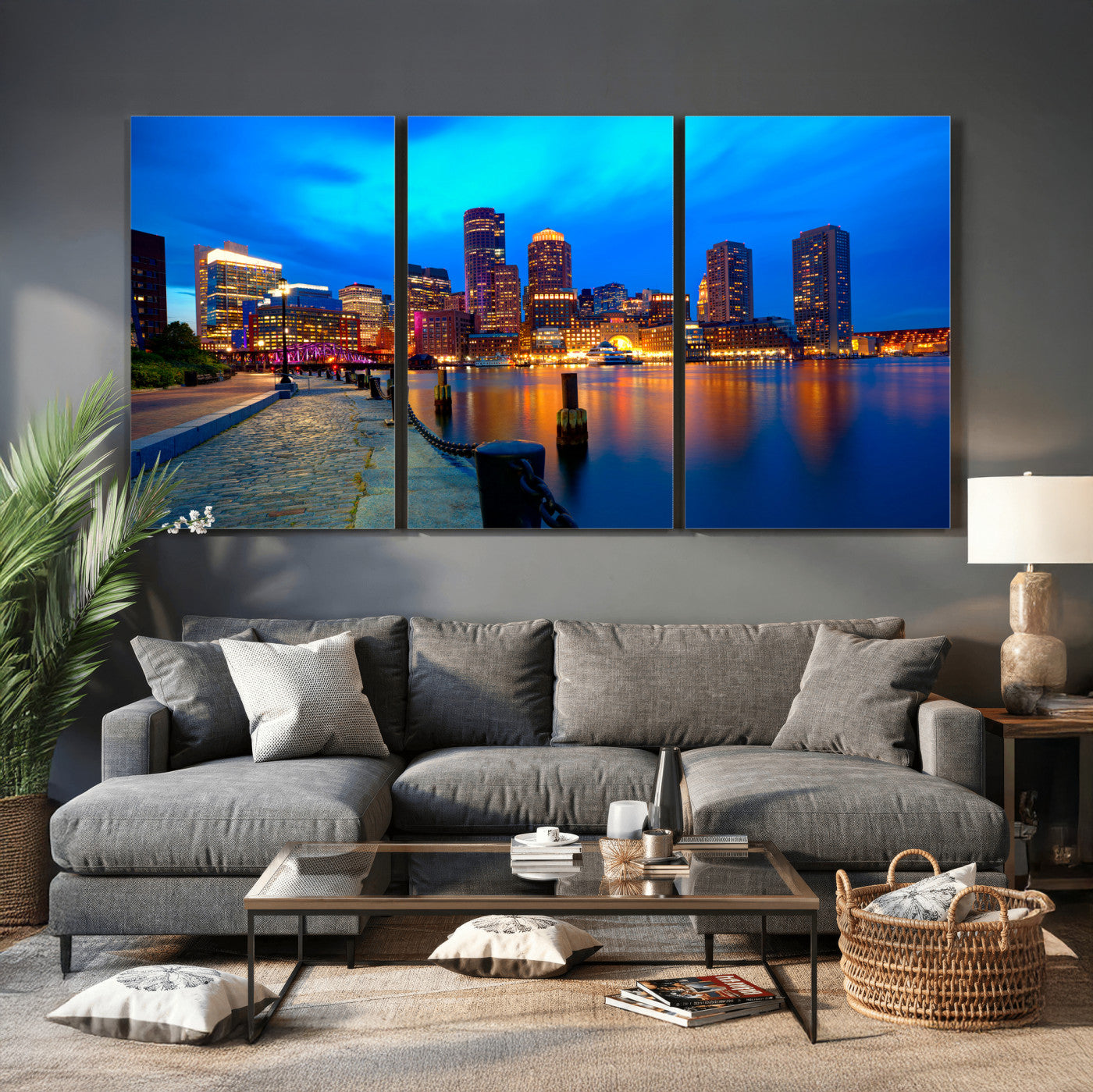 69619565-MGV-CV-36X24 - Boston Wall Art Canvas Print, Boston City Downtown Night Cityscape Print for Modern Urban Wall Decor